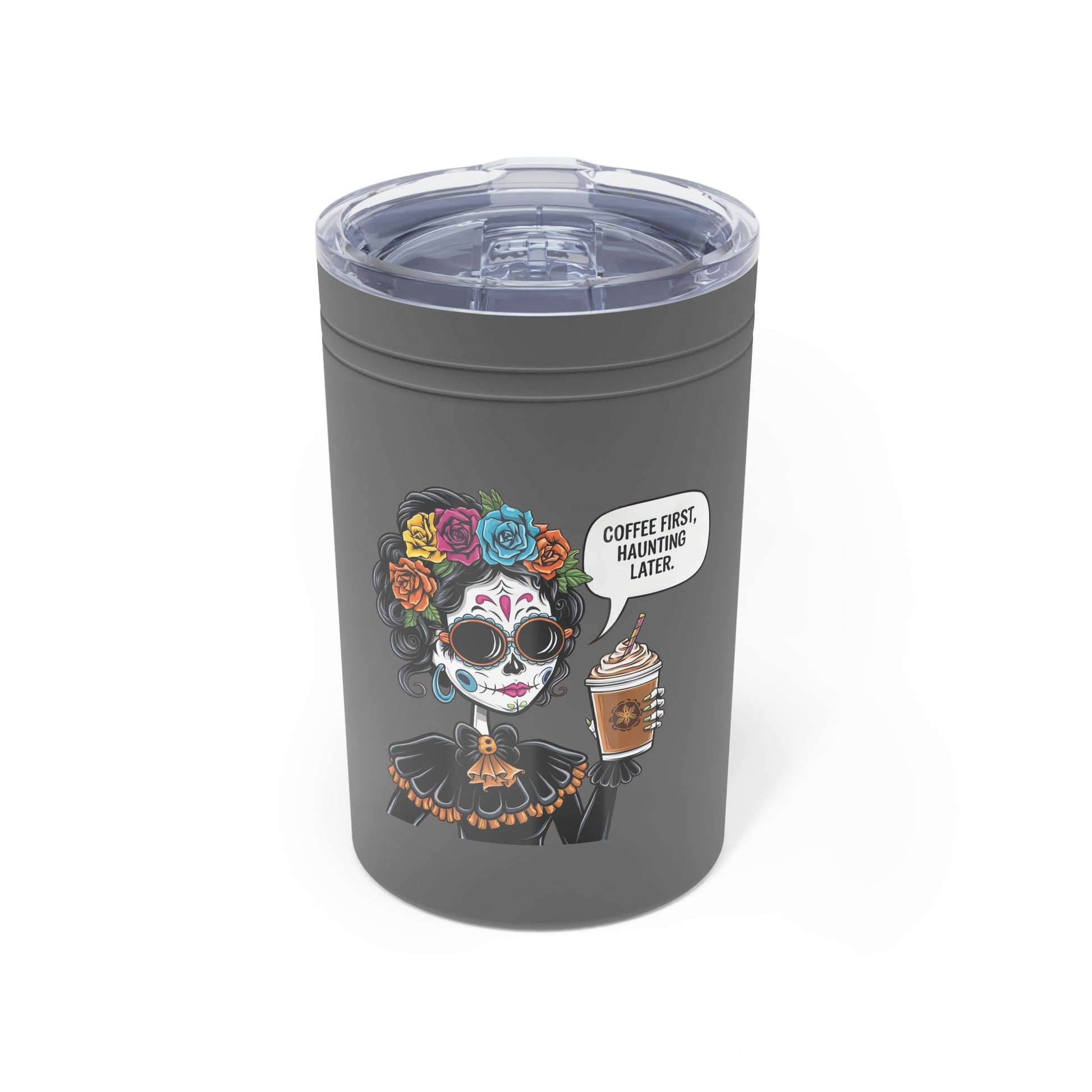 Coffee First Stainless Steel Tumbler 11oz, Day of the Dead Design, Travel Mug, Gift for Coffee Lovers, Halloween Decor