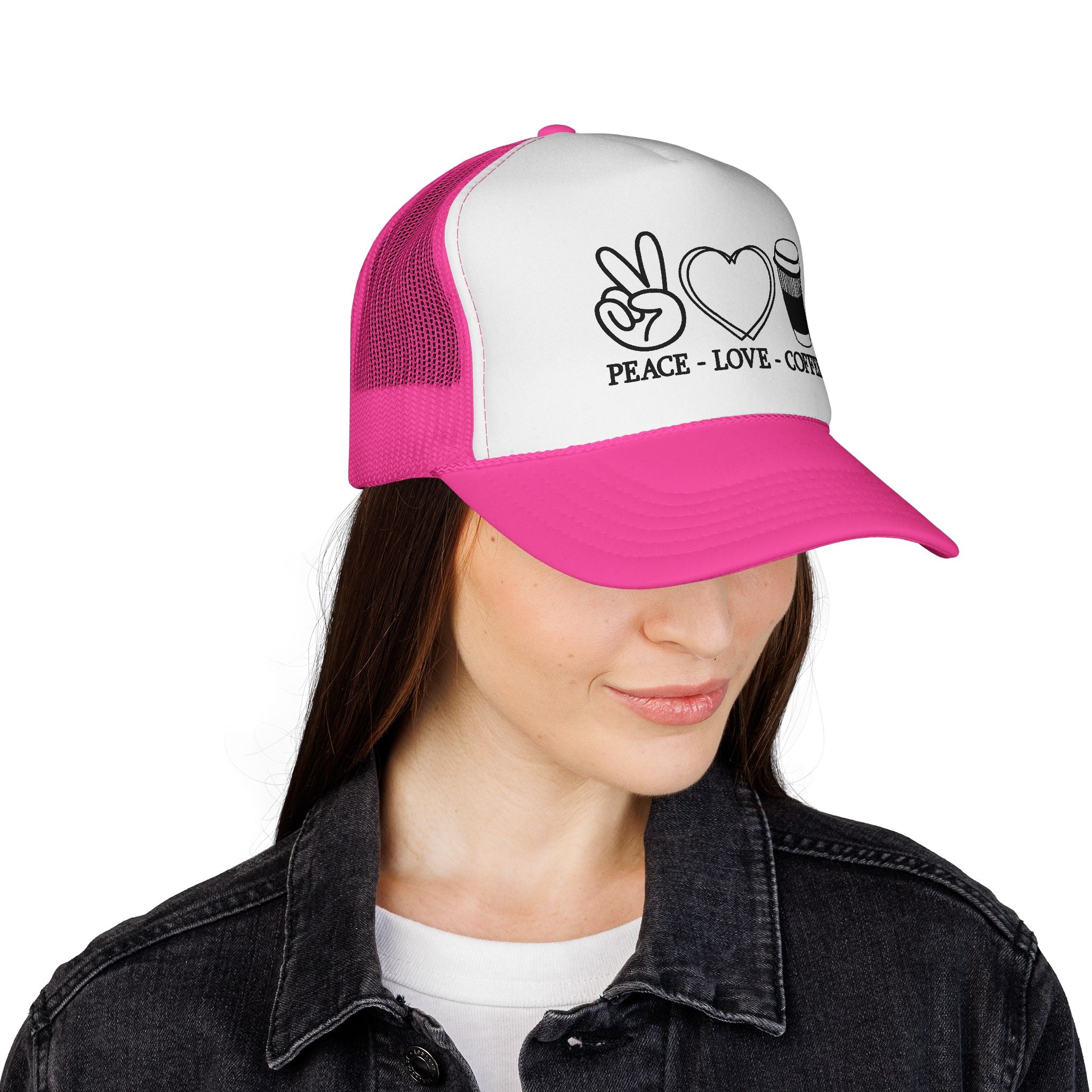 Peace, Love, Coffee Trucker Cap | Fun Casual Hat for Coffee Lovers | Great Gift for Holidays & Celebrations, Outdoors, Festivals, Beach