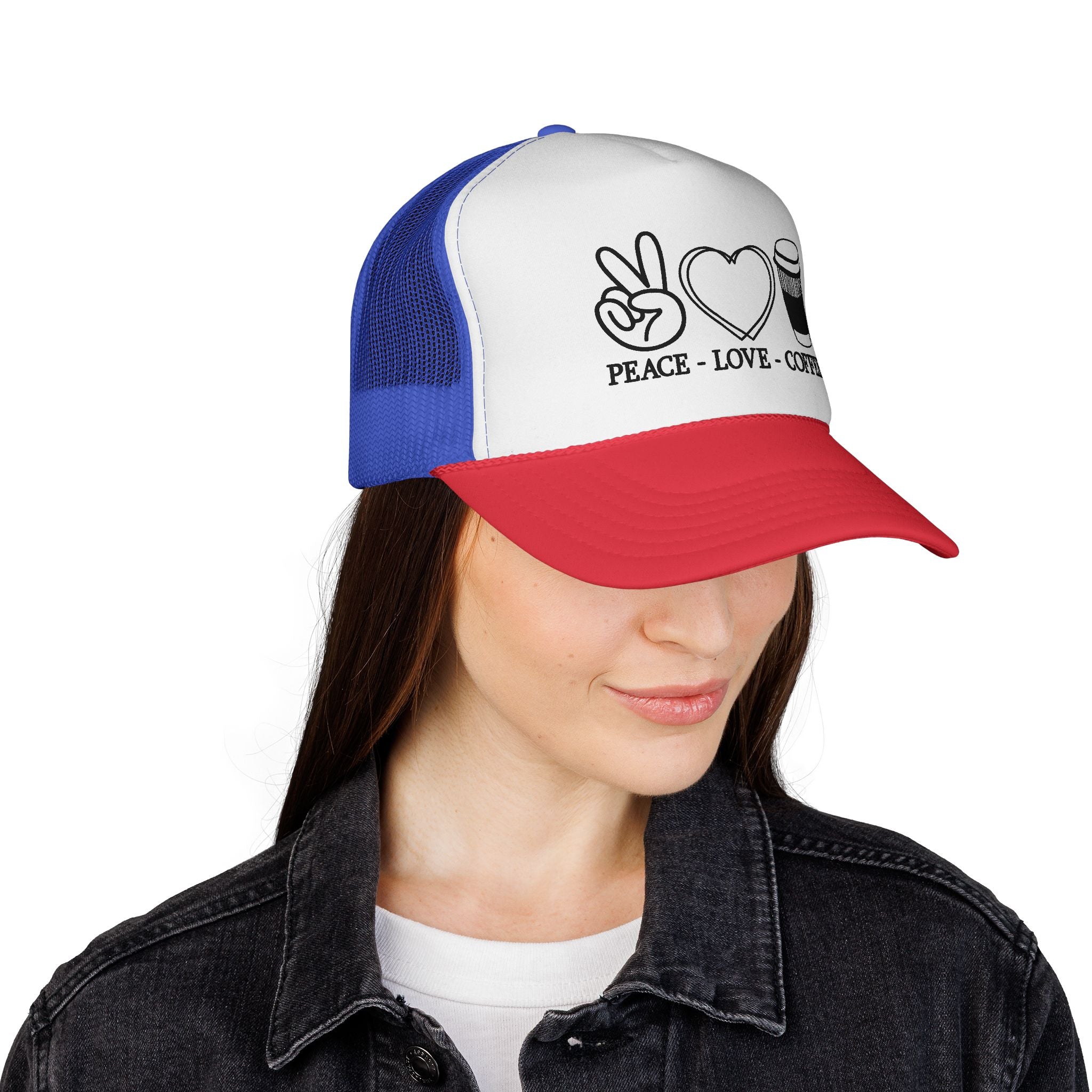 Peace, Love, Coffee Trucker Cap | Fun Casual Hat for Coffee Lovers | Great Gift for Holidays & Celebrations, Outdoors, Festivals, Beach