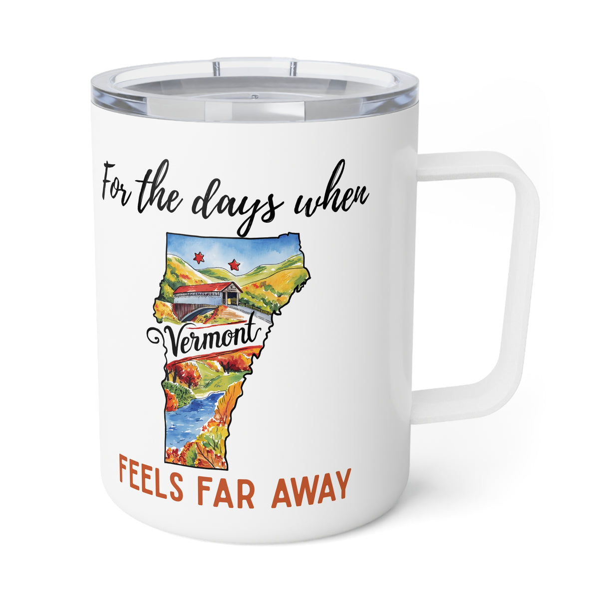 Vermont feels far away Insulated Coffee Mug, Missing Vermont Coffee tumbler, Homesick Vermont Mug