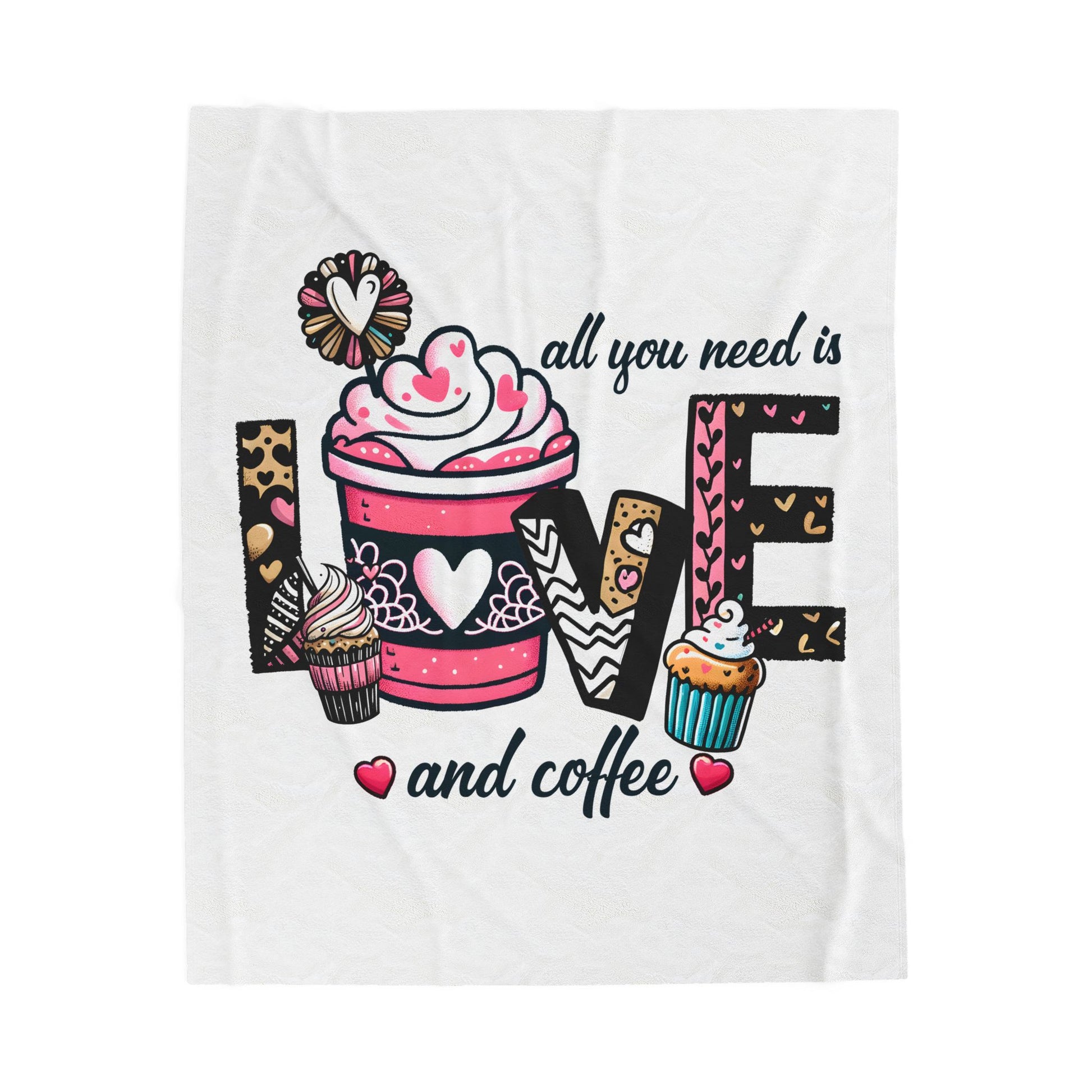 All you need is Love and Coffee Velveteen Plush Blanket, Coffee Lovers Plush Blanket