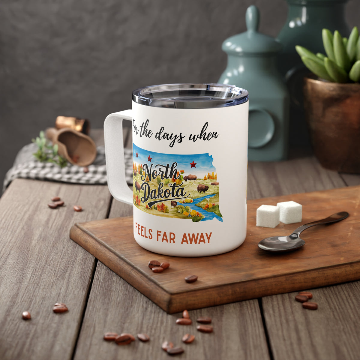 North Dakota feels far away Insulated Coffee Mug, Missing North Dakota Coffee tumbler, Homesick Mug