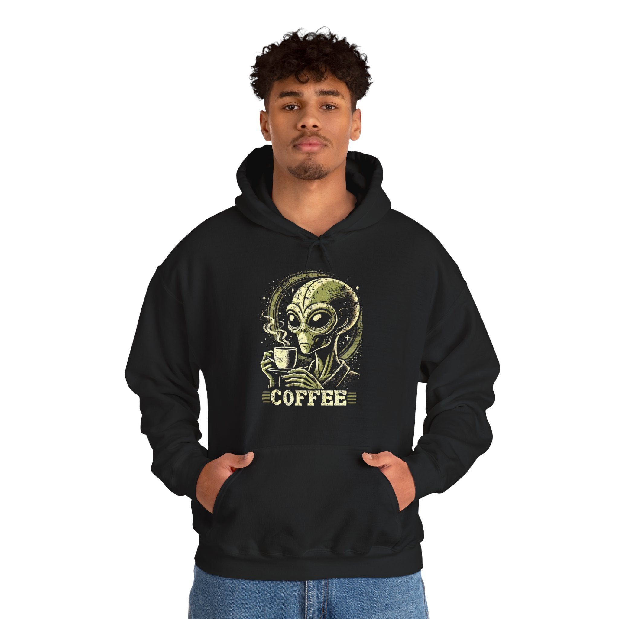 Coffee Alien Unisex Hoodie, Gift for Coffee Lovers, Cute Sci-Fi Apparel