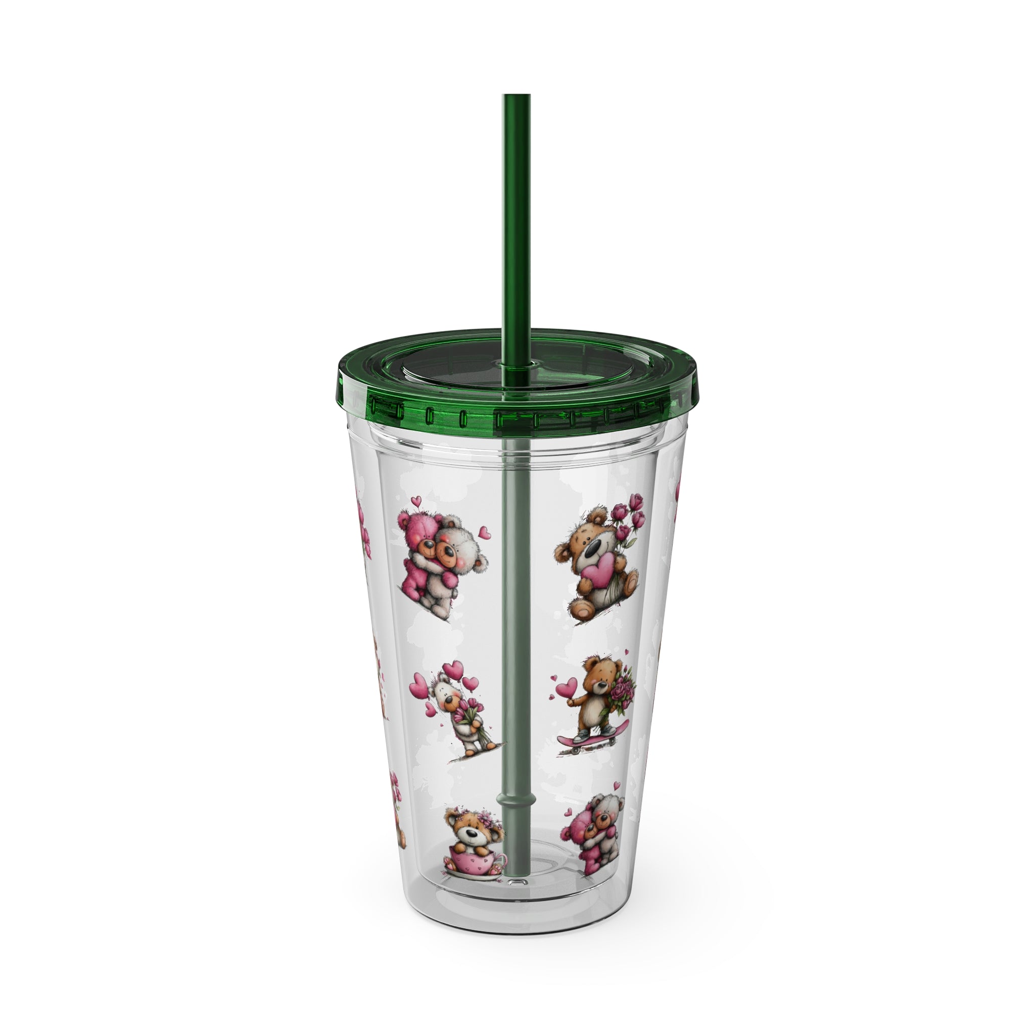 Valentine Bear Iced Coffee Cup, Trendy Coffee Mug, Sunsplash Tumbler with Lid and Straw, 16oz, Soda Cups, Tumblers for Coffee Lovers