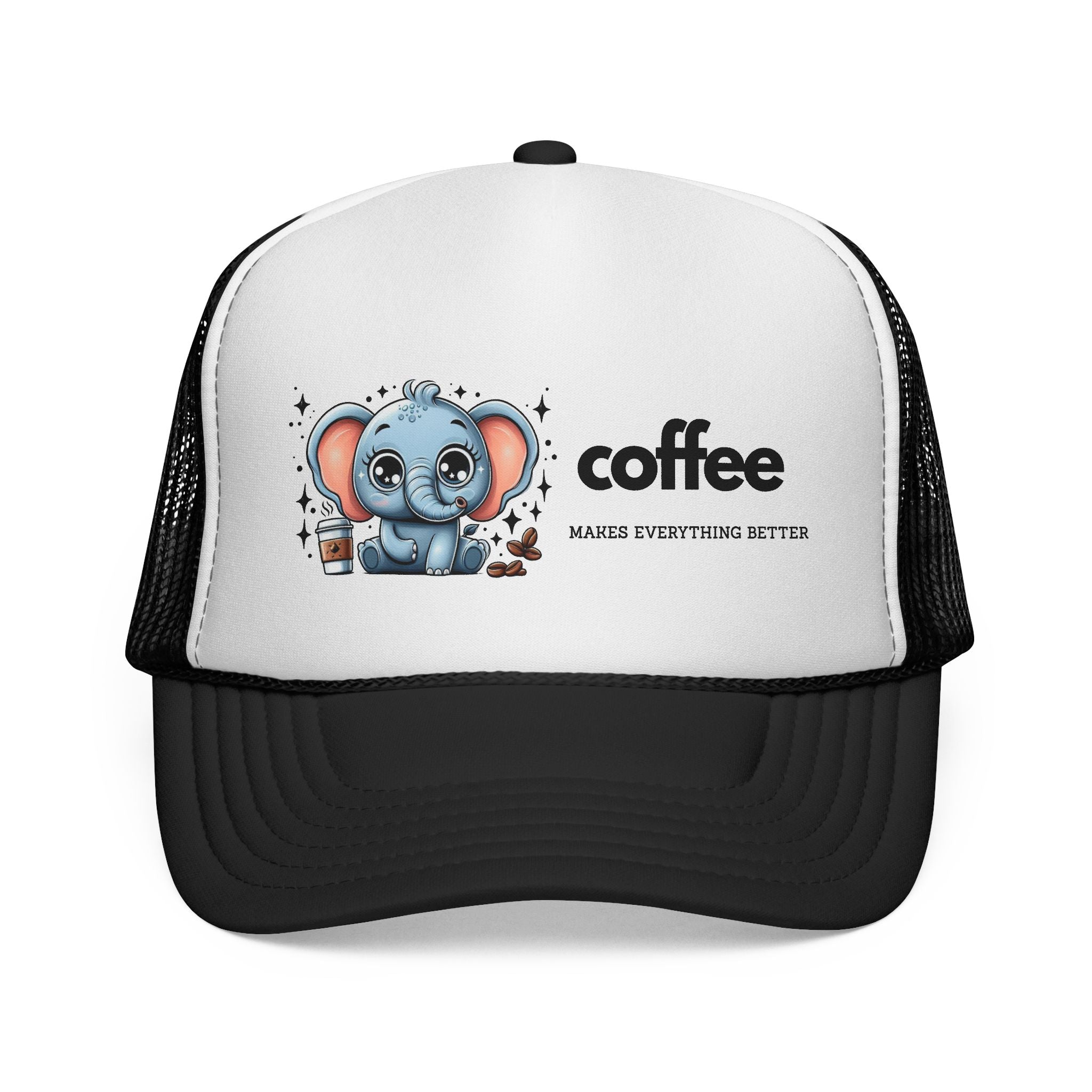Coffee-Themed Trucker Cap, Cute Elephant Design, Perfect for Coffee Lovers, Fun Gift for Holidays and Everyday Wear