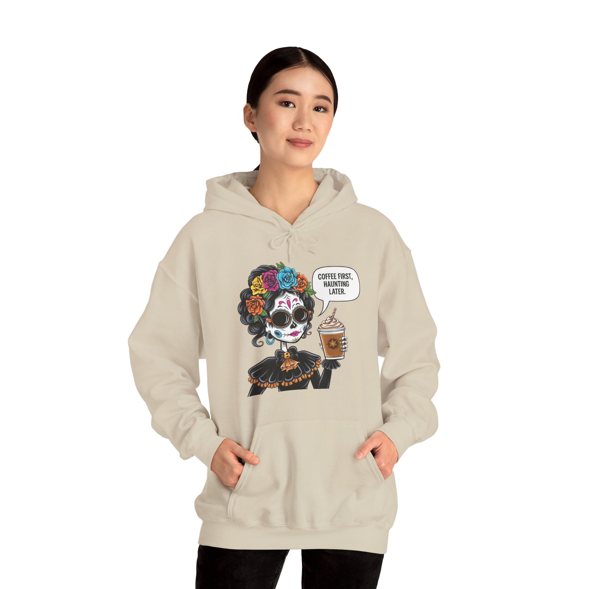 Coffee First Haunting later Hooded Sweatshirt for Coffee Lovers, Cozy Sweatshirt for Halloween