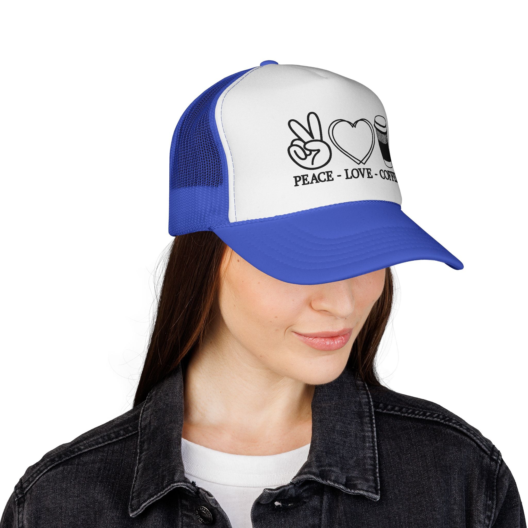 Peace, Love, Coffee Trucker Cap | Fun Casual Hat for Coffee Lovers | Great Gift for Holidays & Celebrations, Outdoors, Festivals, Beach