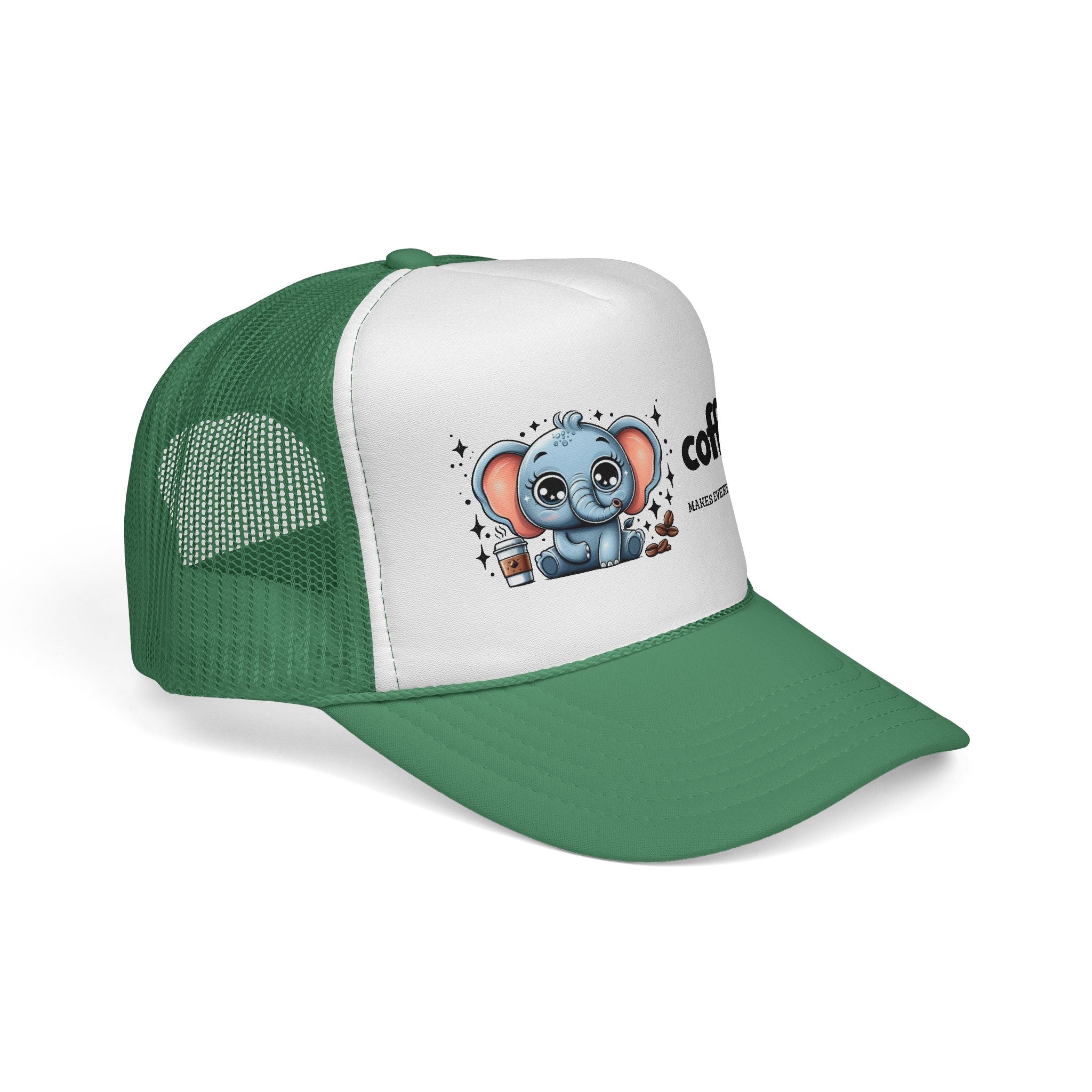 Coffee-Themed Trucker Cap, Cute Elephant Design, Perfect for Coffee Lovers, Fun Gift for Holidays and Everyday Wear