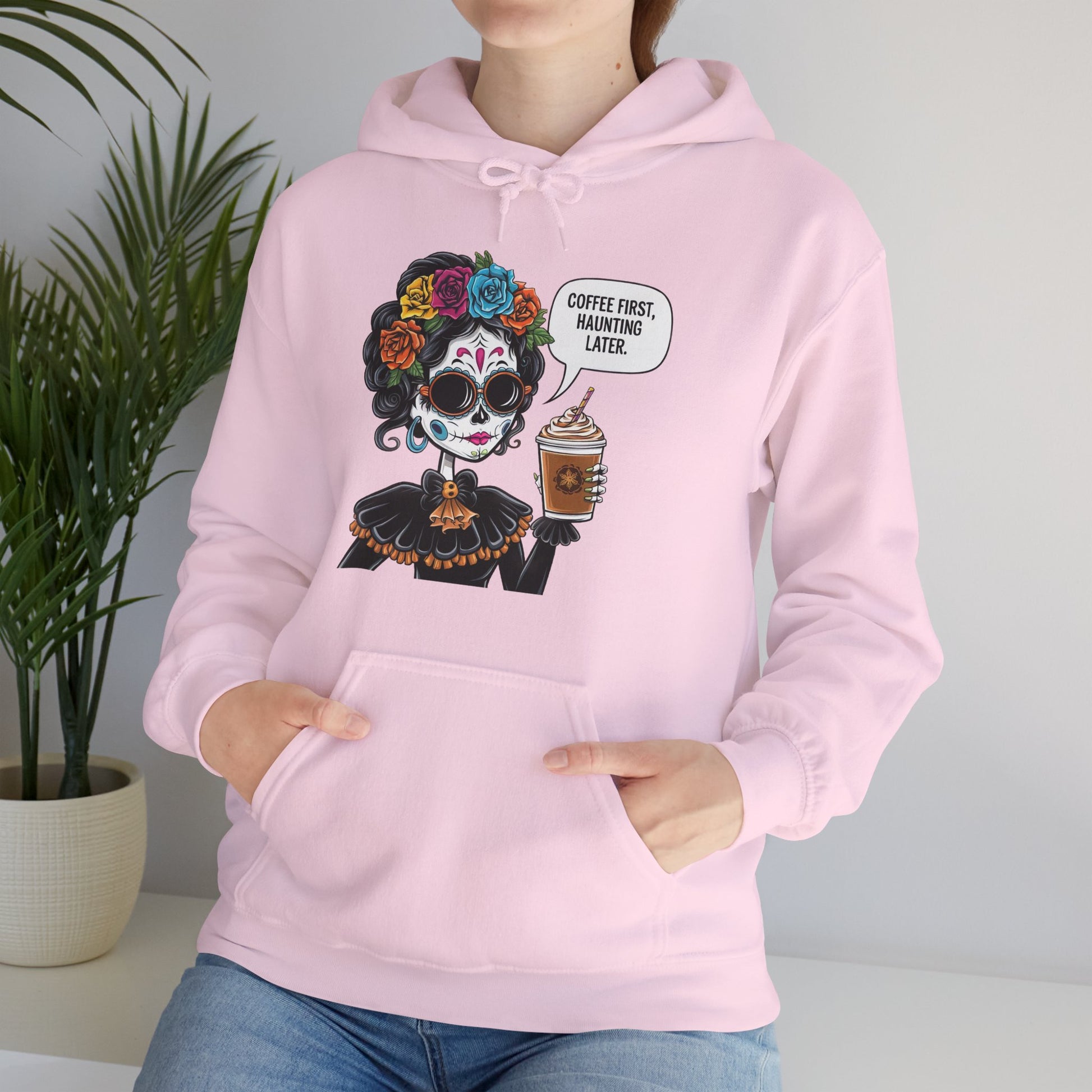 Coffee First Haunting later Hooded Sweatshirt for Coffee Lovers, Cozy Sweatshirt for Halloween