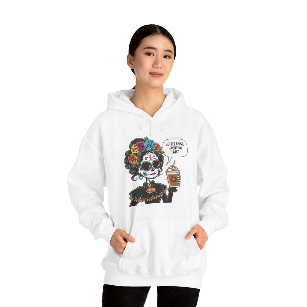 Coffee First Haunting later Hooded Sweatshirt for Coffee Lovers, Cozy Sweatshirt for Halloween