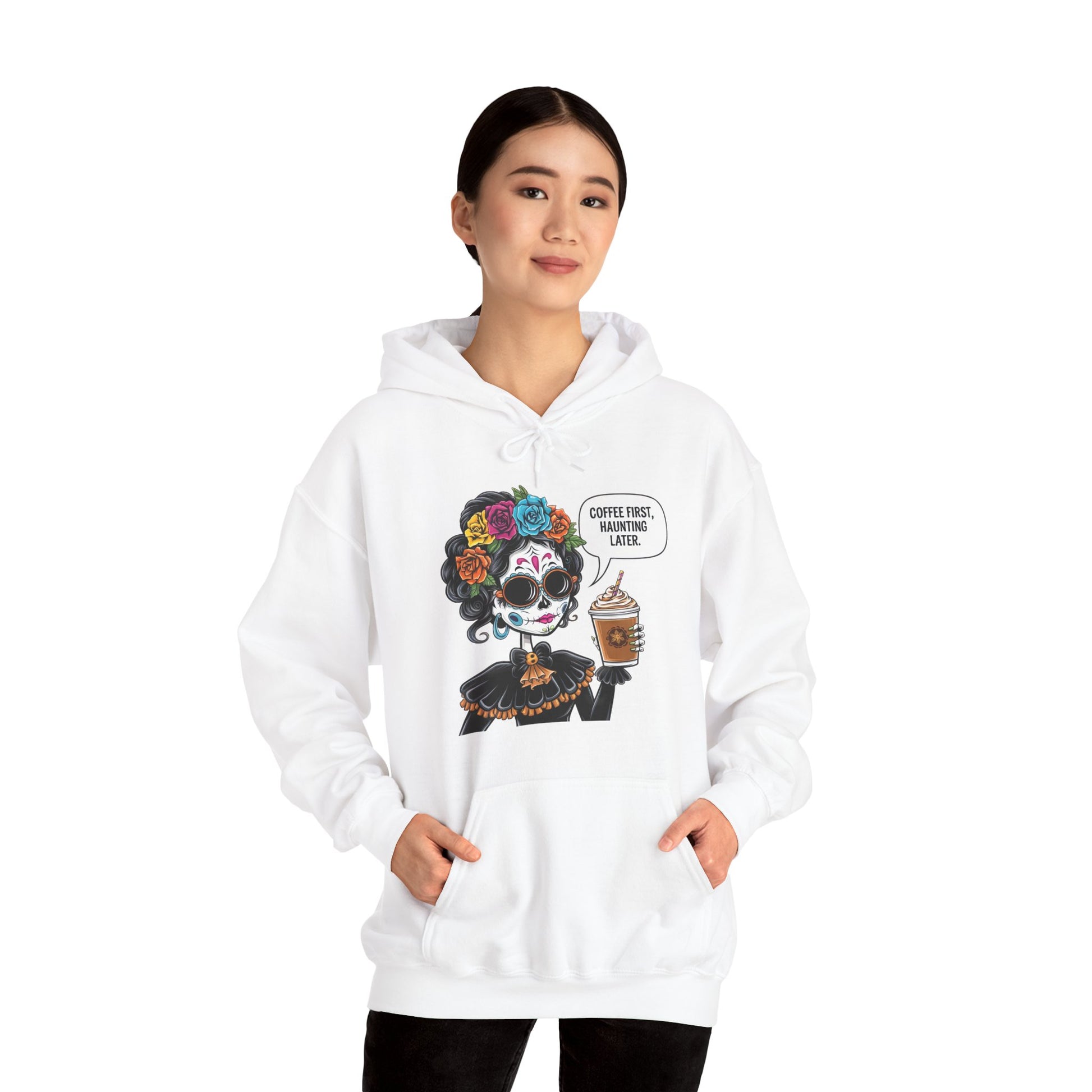 Coffee First Haunting later Hooded Sweatshirt for Coffee Lovers, Cozy Sweatshirt for Halloween