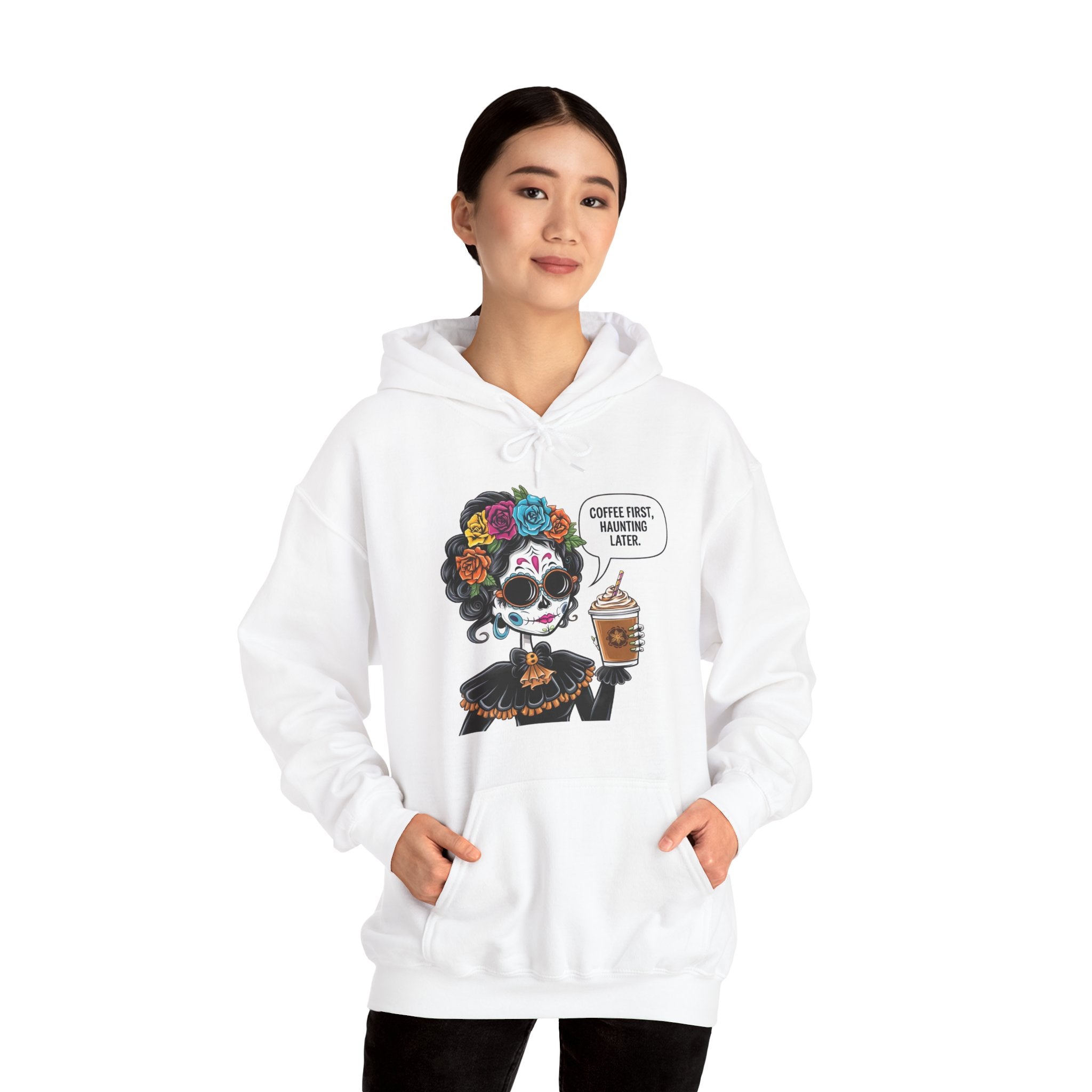 Coffee First Haunting later Hooded Sweatshirt for Coffee Lovers, Cozy Sweatshirt for Halloween
