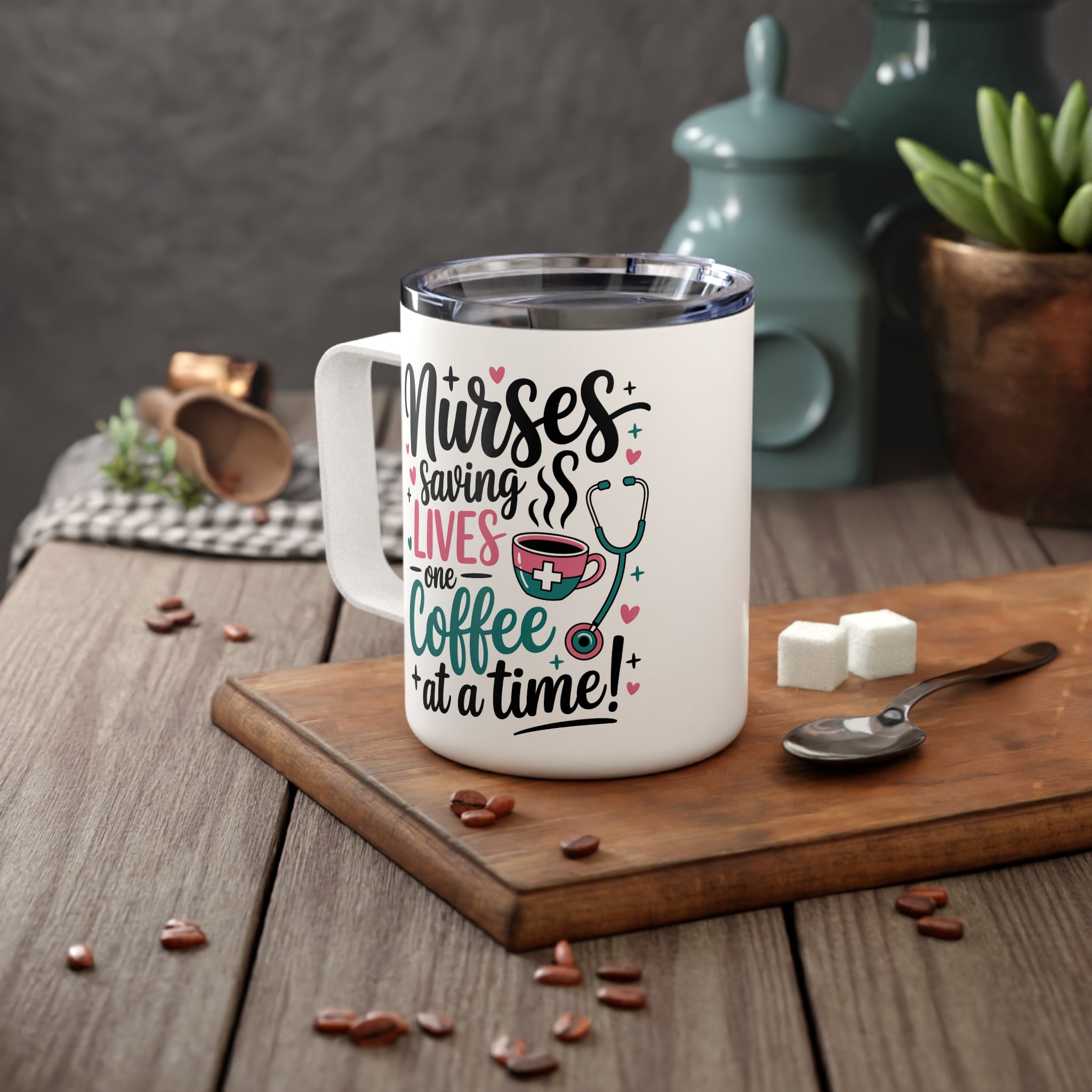 Nurses Save Lives One Coffee at a Time Insulated Travel Mug, Funny Nurse Coffee Cup, Healthcare Worker Mug