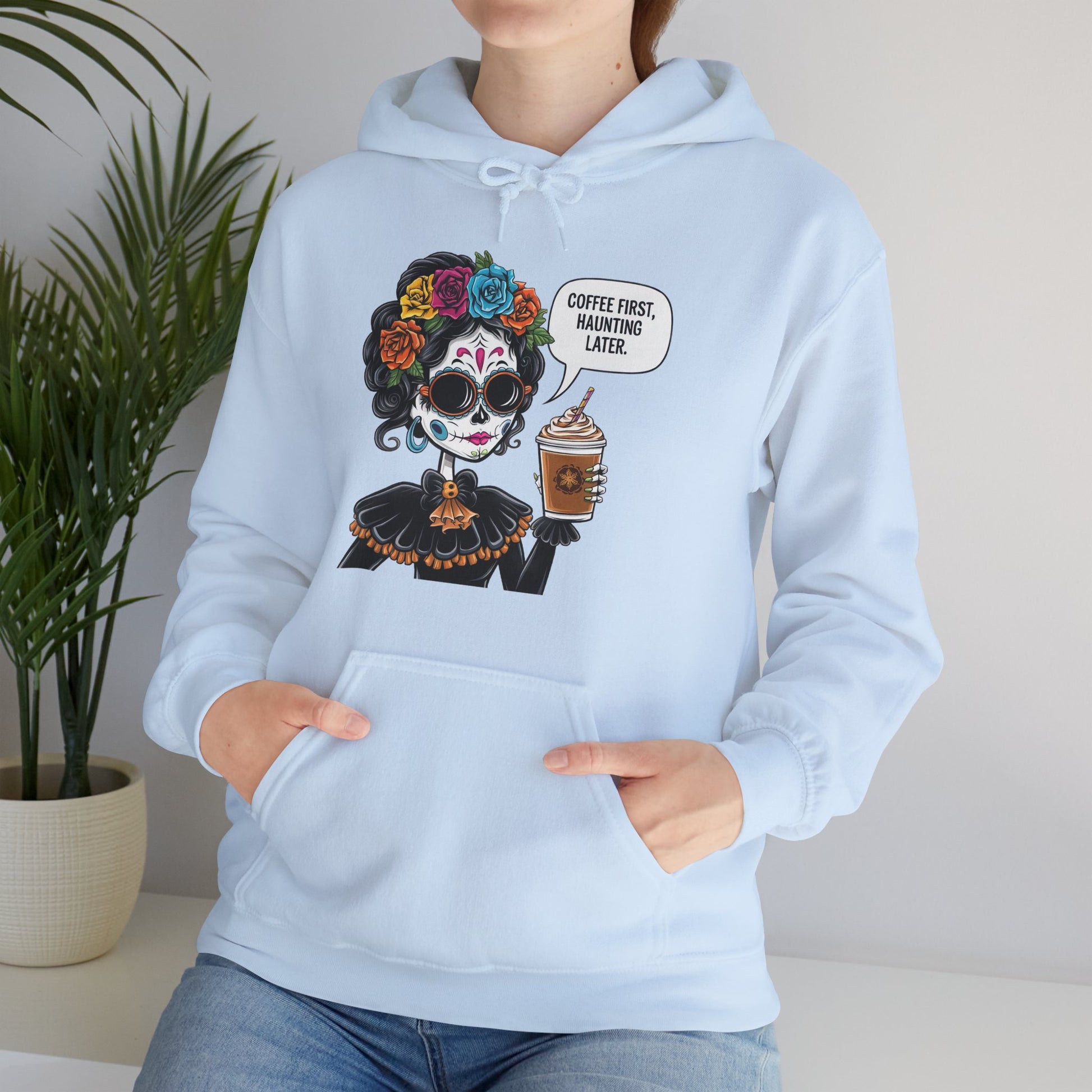 Coffee First Haunting later Hooded Sweatshirt for Coffee Lovers, Cozy Sweatshirt for Halloween