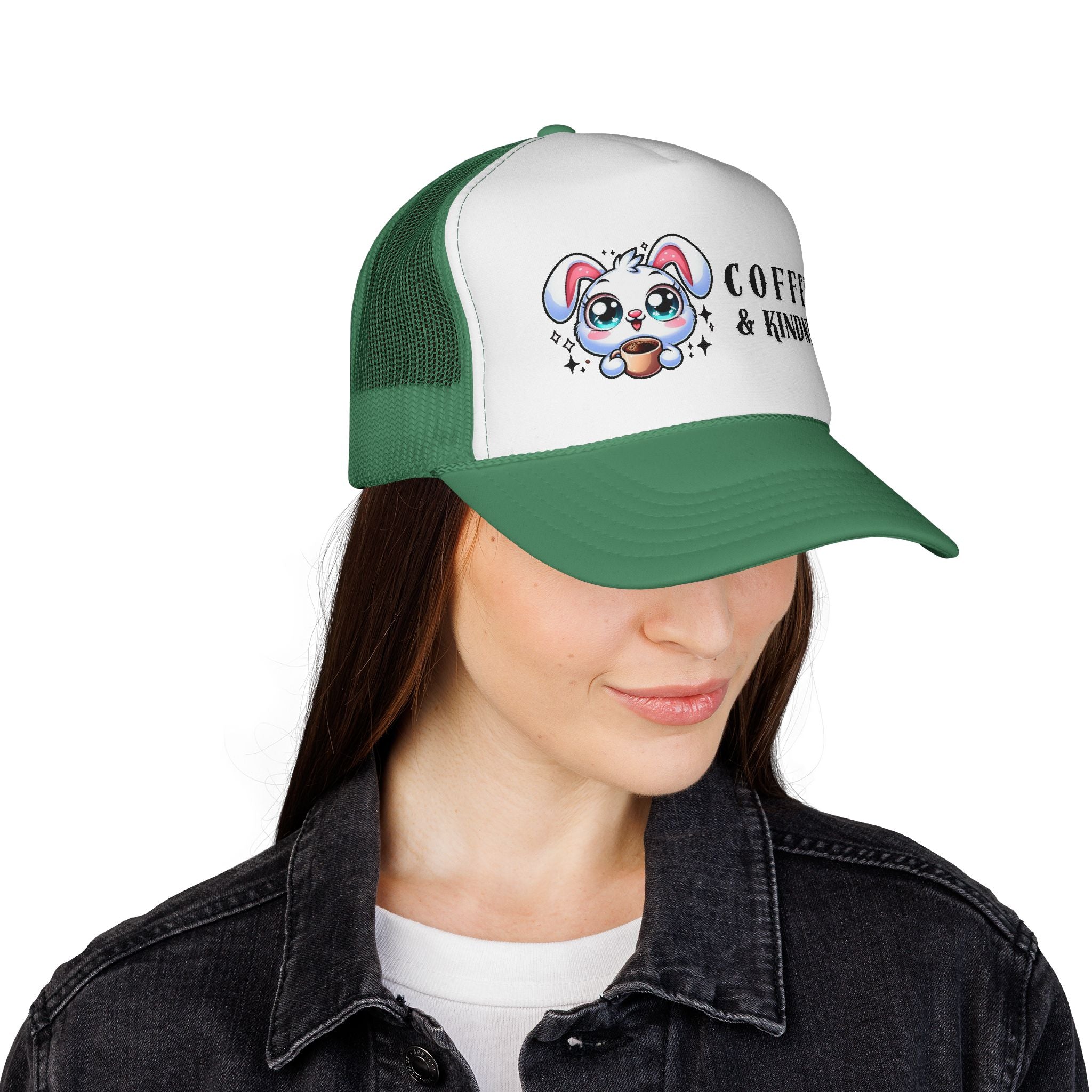 Cute Coffee & Kindness Trucker Cap, Kawaii Bunny Hat, Gift for Coffee Lovers, Spring Accessory, Animal Lover Apparel