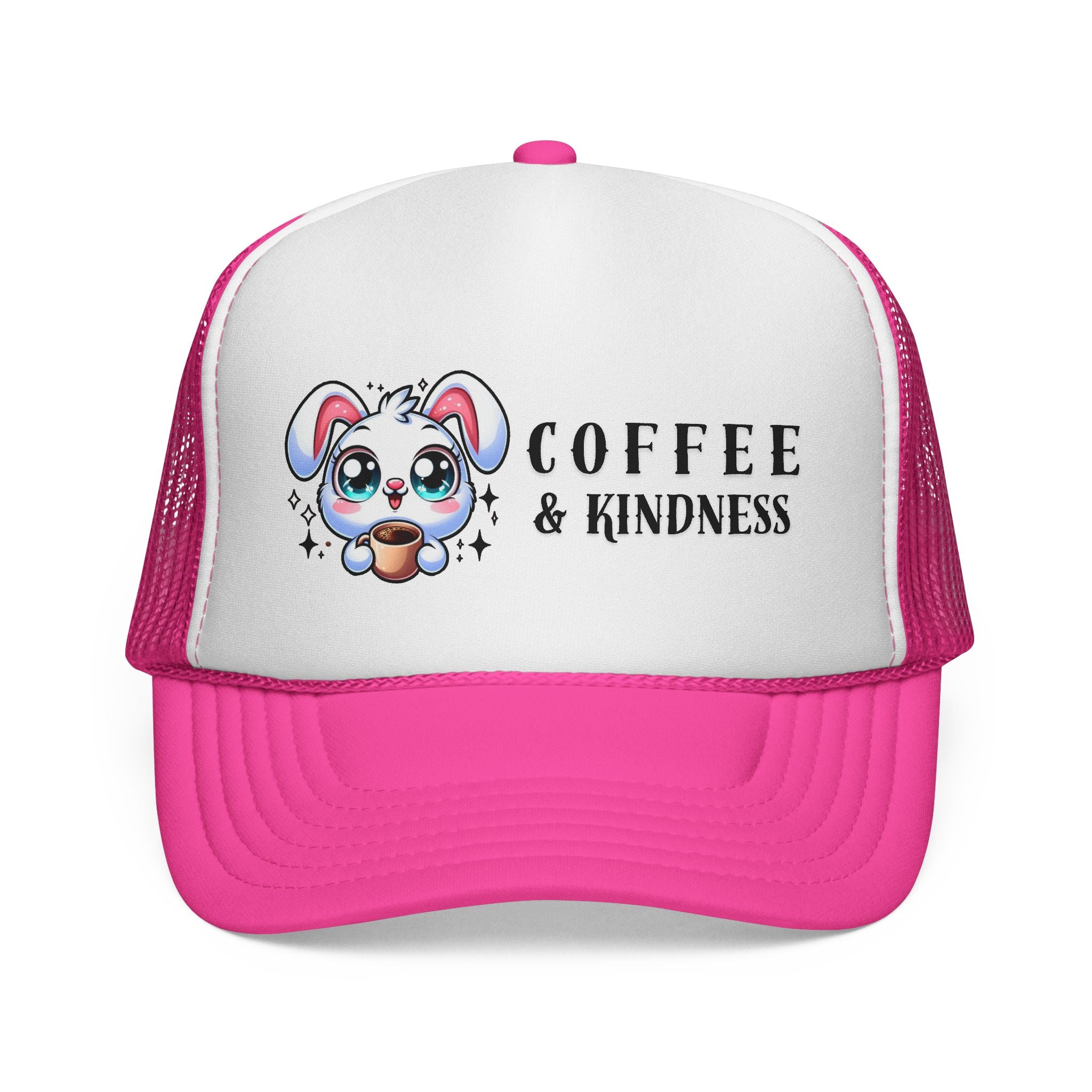 Cute Coffee & Kindness Trucker Cap, Kawaii Bunny Hat, Gift for Coffee Lovers, Spring Accessory, Animal Lover Apparel