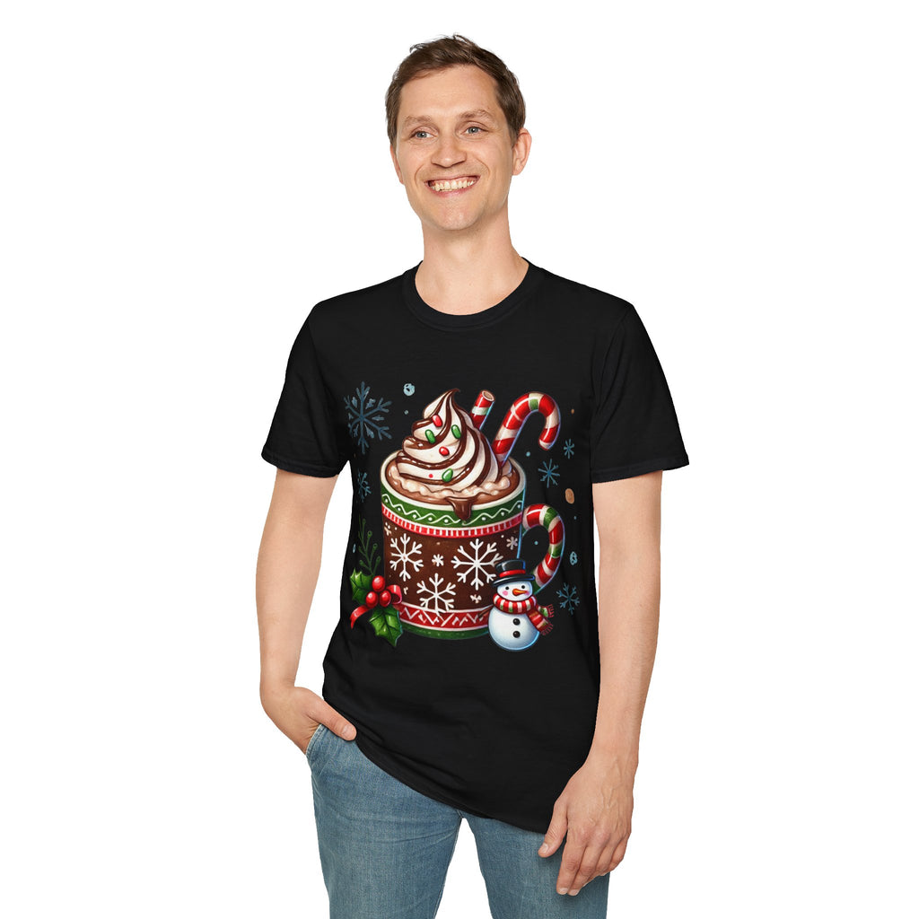 Cozy Holiday T-Shirt with Hot Cocoa Design, Christmas Gift, Winter Apparel, Unisex Softstyle Tee, Festive Outfit