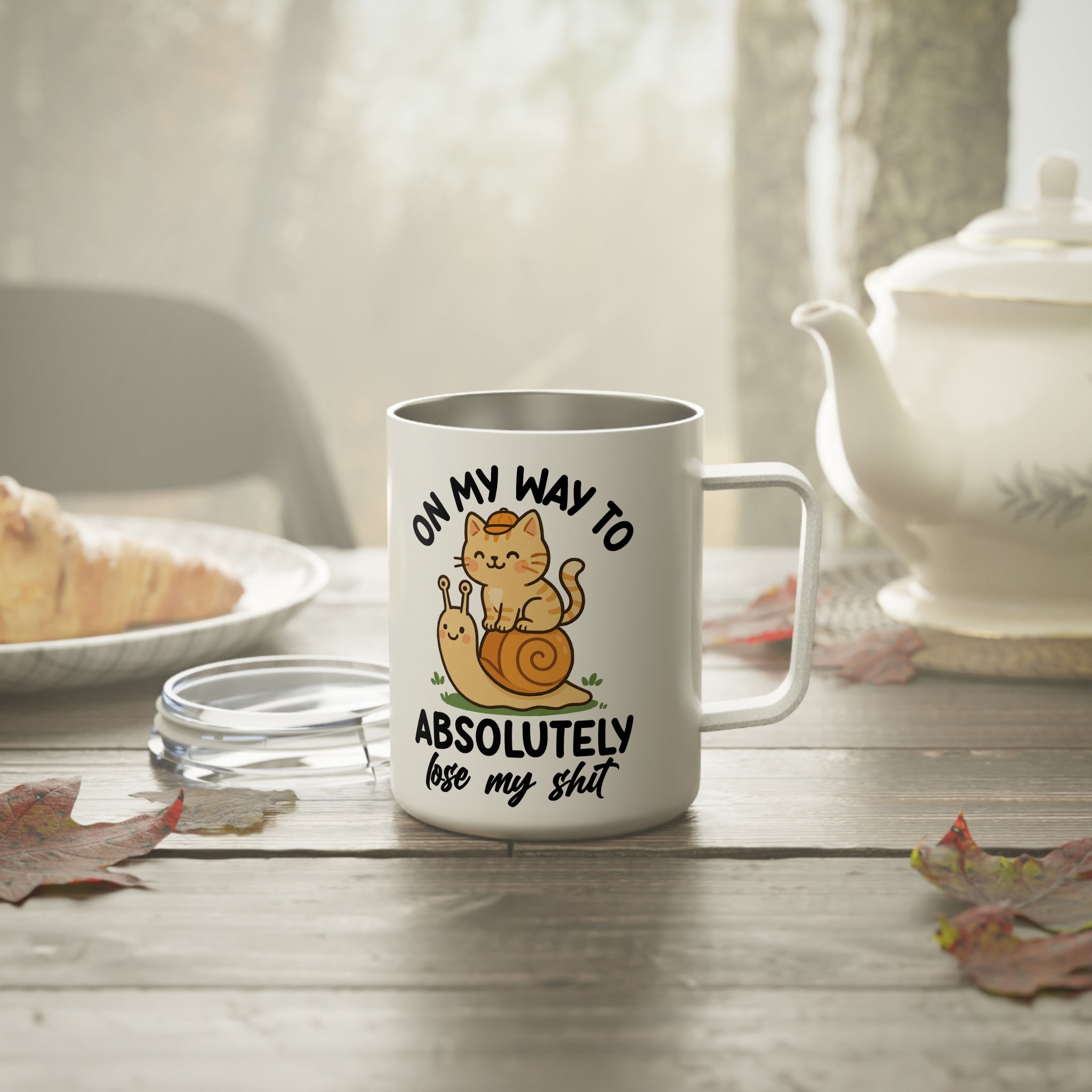 Sarcastic Insulated Travel Coffee Mug, On my way to Absolutely lose my shit Travel Mug for Coffee Lovers, Snail & Cat Sarcastic Quote Cup, Caffeine Lover Gift Mug, 10oz