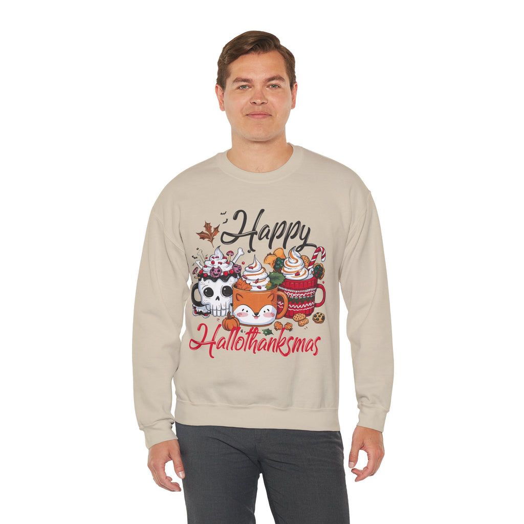 Happy Hallothankmas Sweatshirt, Cozy Crewneck for Fall, Unisex Seasonal Apparel, Perfect Gift for Halloween and Christmas, Cute Cat Design