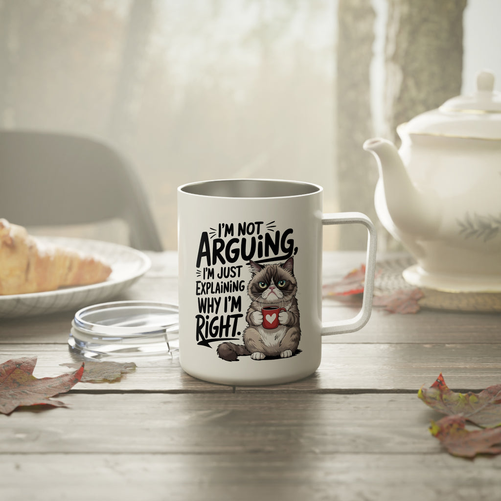 Sarcastic Travel Coffee Mug, I'm not arguing I'm just explaining why I'm right Insulated Travel Mug, Cat Quote Cup, Caffeine Lover Gift