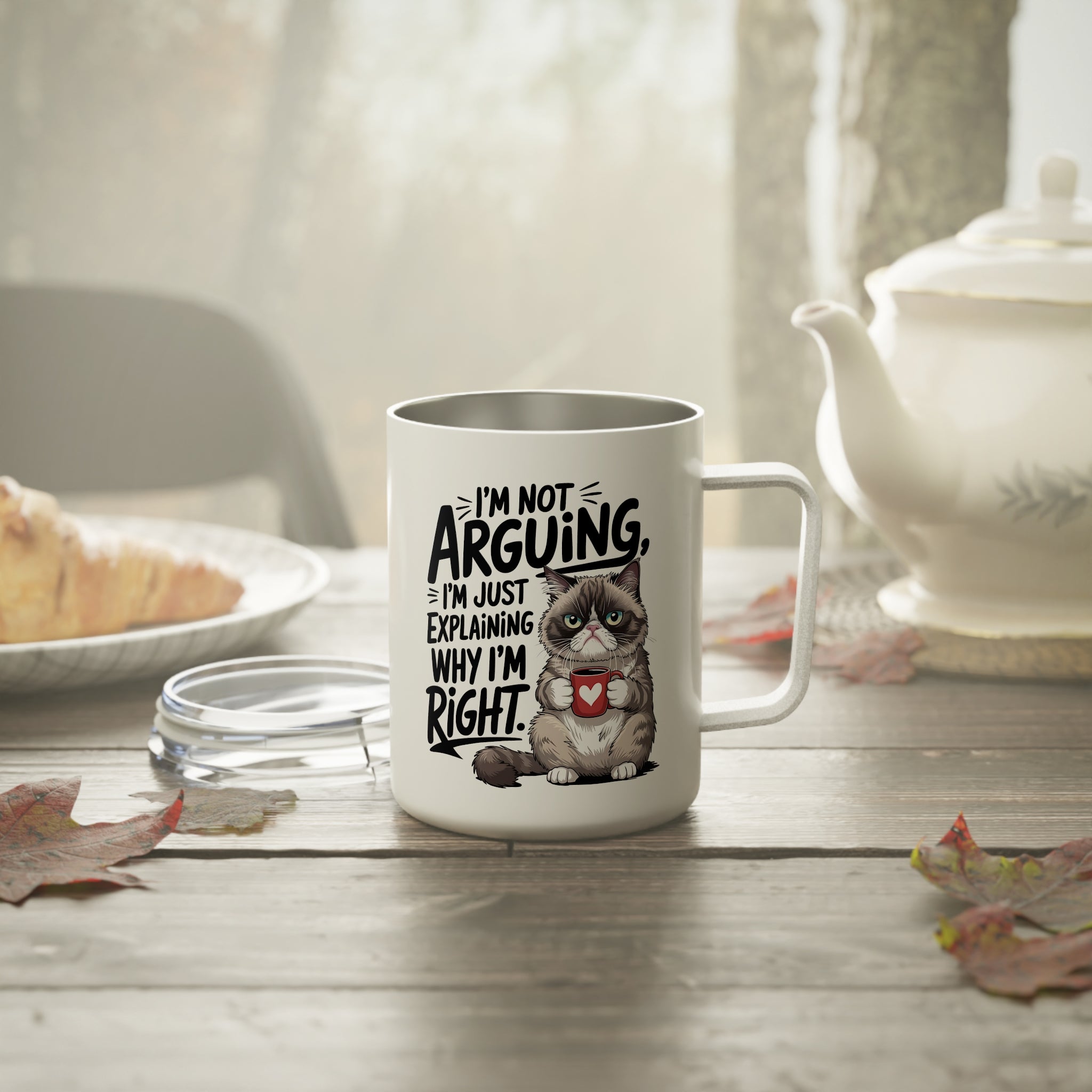 Sarcastic Travel Coffee Mug, I'm not arguing I'm just explaining why I'm right Insulated Travel Mug, Cat Quote Cup, Caffeine Lover Gift
