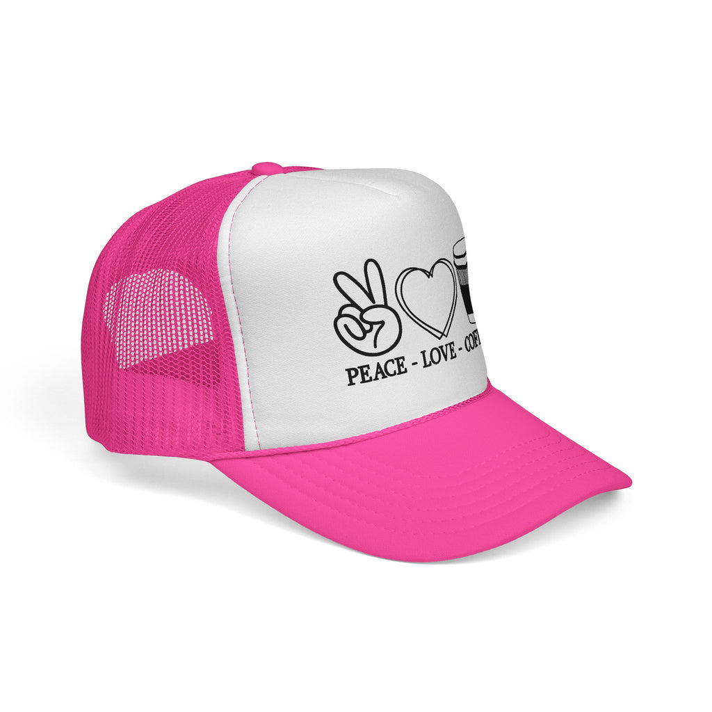 Peace, Love, Coffee Trucker Cap | Fun Casual Hat for Coffee Lovers | Great Gift for Holidays & Celebrations, Outdoors, Festivals, Beach