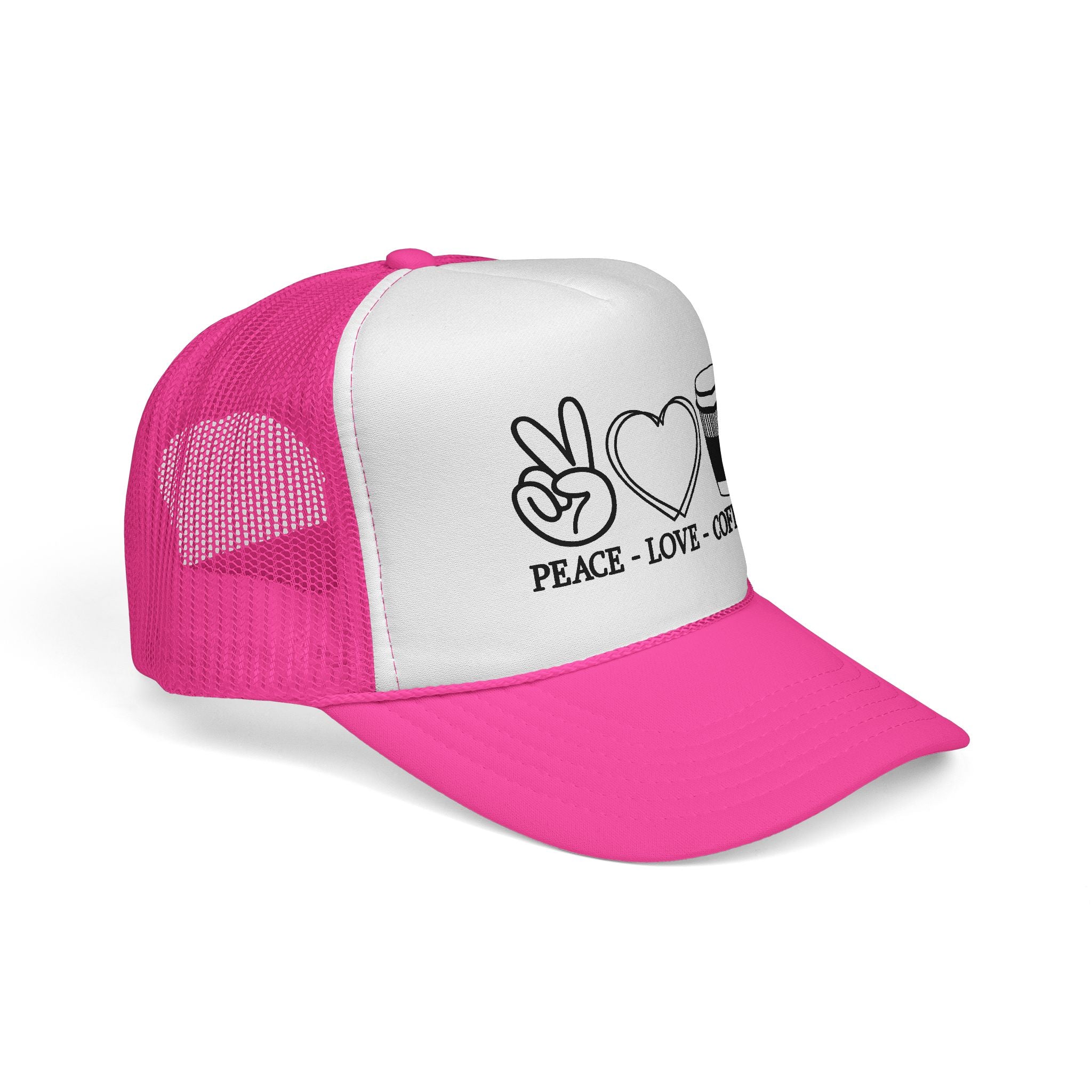 Peace, Love, Coffee Trucker Cap | Fun Casual Hat for Coffee Lovers | Great Gift for Holidays & Celebrations, Outdoors, Festivals, Beach