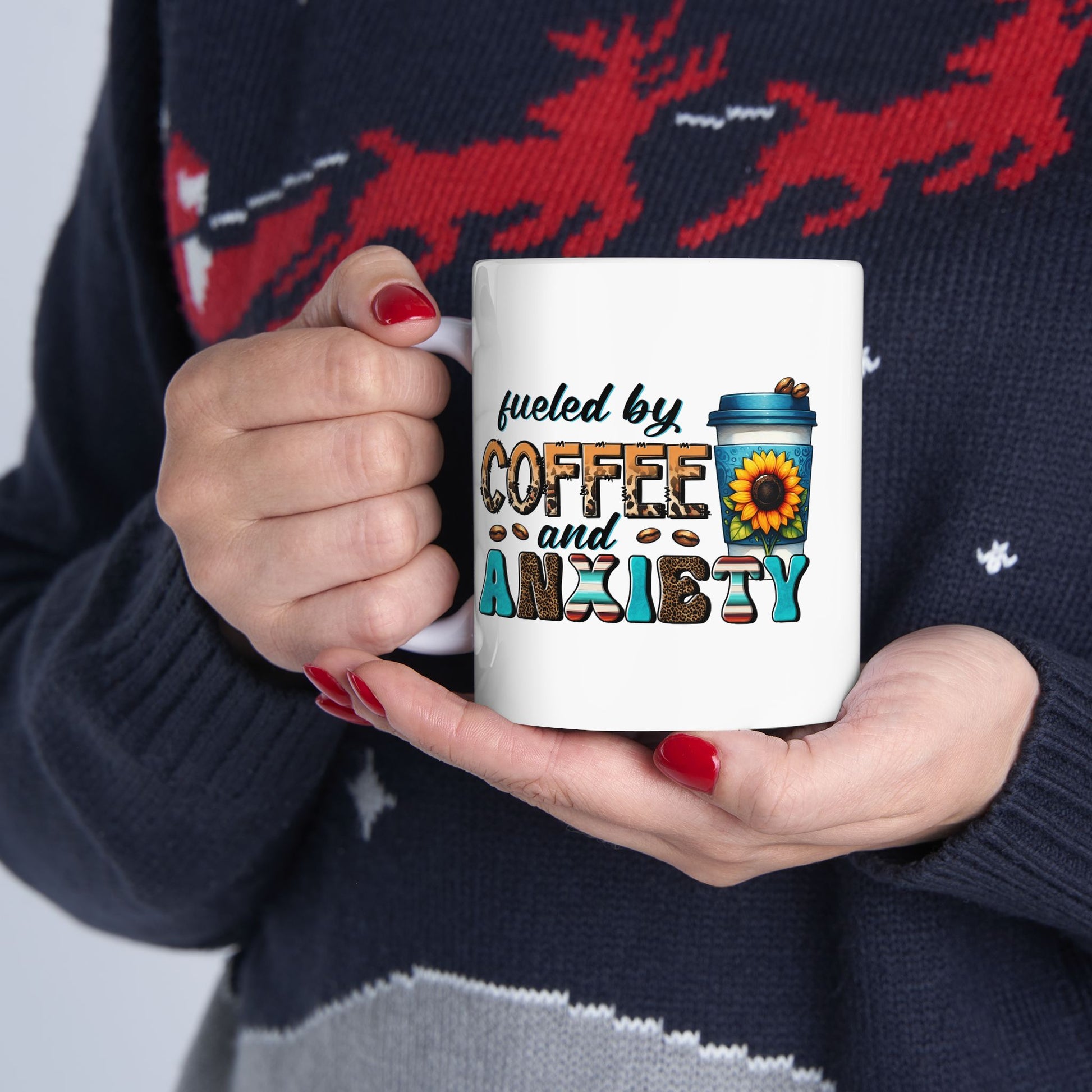 Fueled by Coffee and Anxiety Coffee Mug, Sunflower Coffee Ceramic Mug 11oz