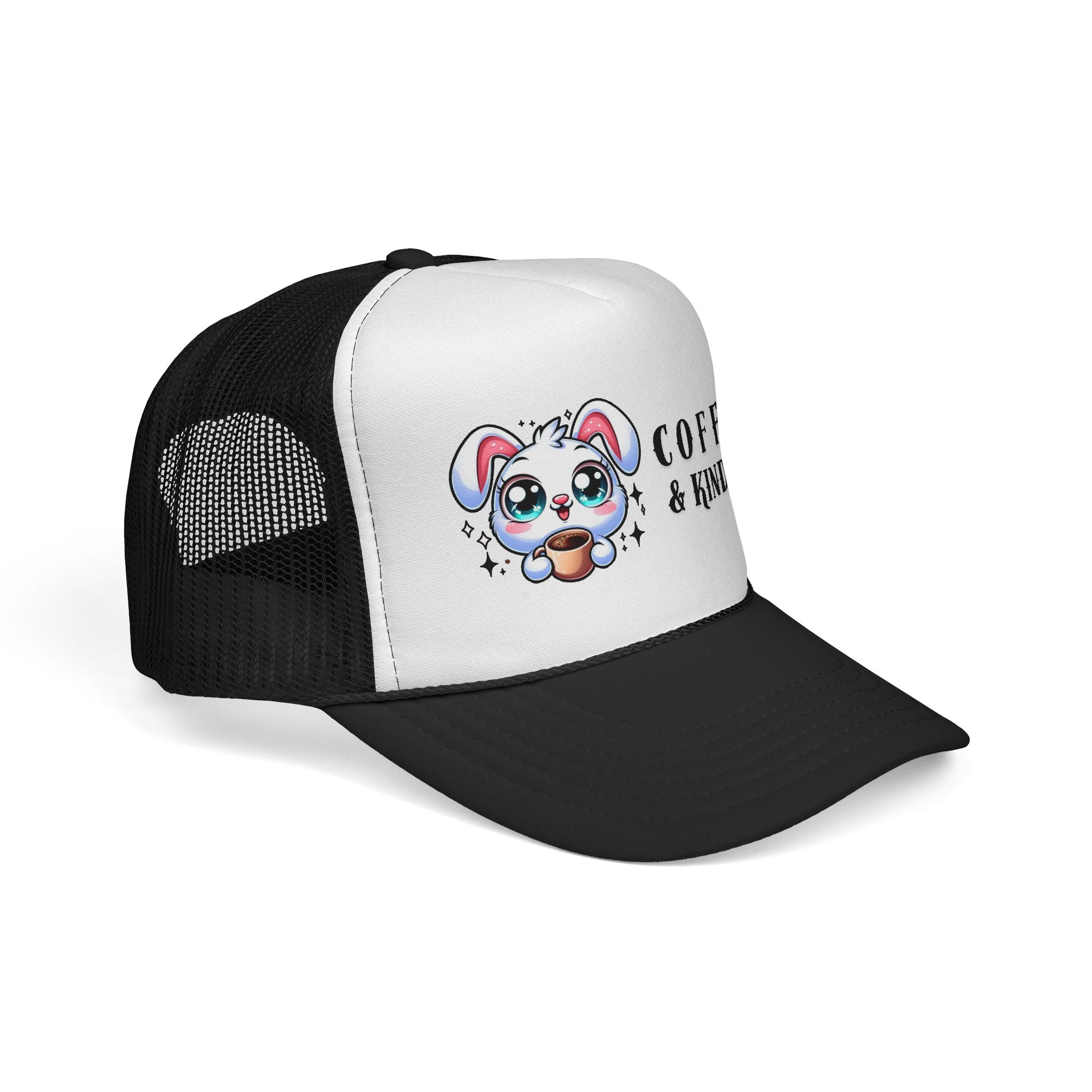Cute Coffee & Kindness Trucker Cap, Kawaii Bunny Hat, Gift for Coffee Lovers, Spring Accessory, Animal Lover Apparel