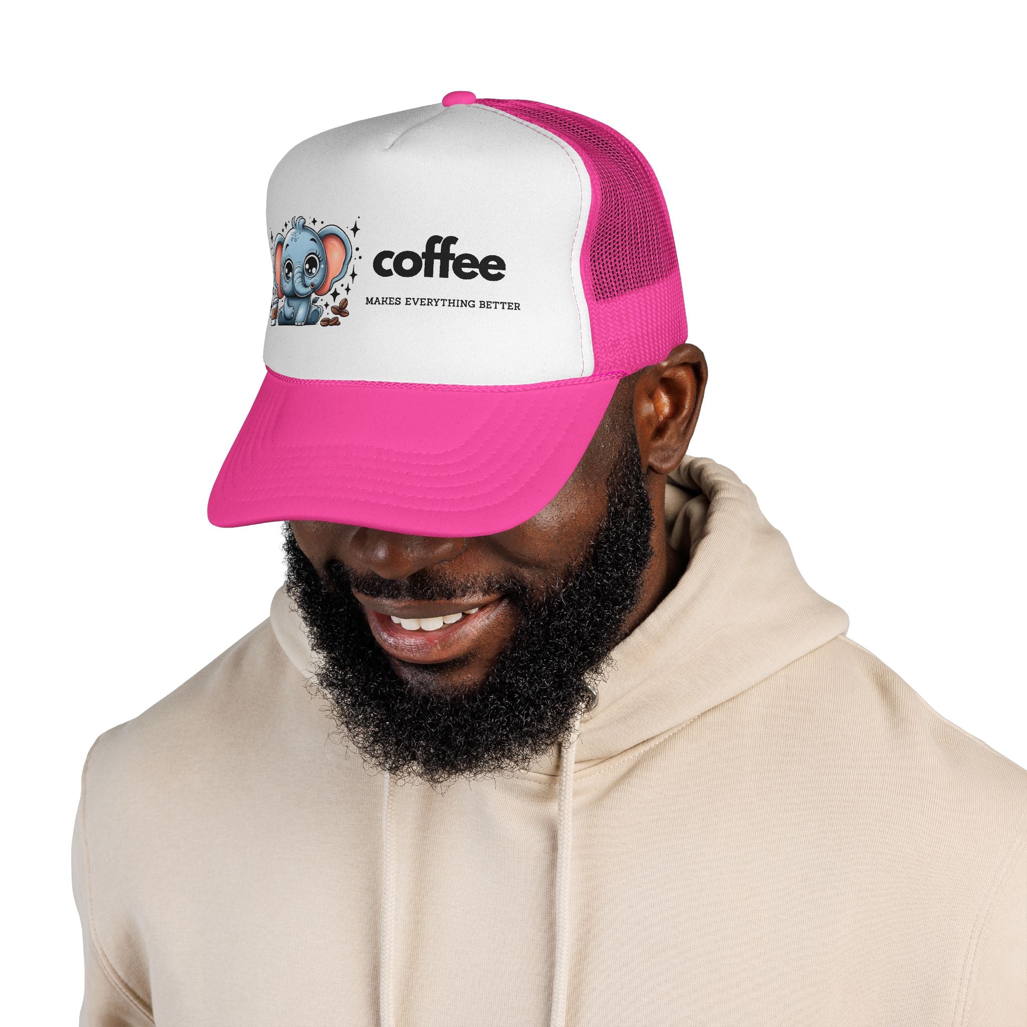 Coffee-Themed Trucker Cap, Cute Elephant Design, Perfect for Coffee Lovers, Fun Gift for Holidays and Everyday Wear