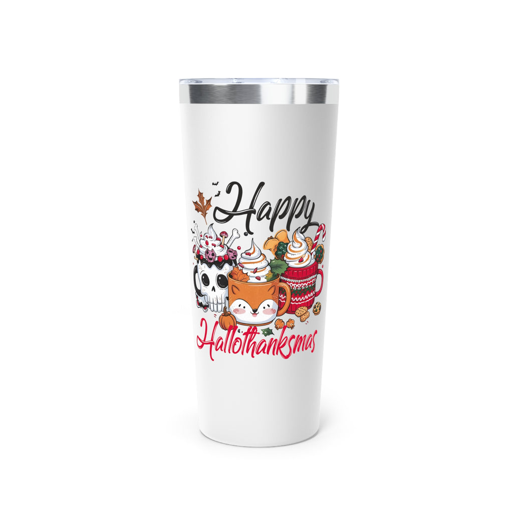 Happy Hallothanksmas Copper Tumbler, Insulated Coffee Mug, Fall Beverage Cup, Halloween and Thanksgiving Drinkware, Unique Holiday Gift