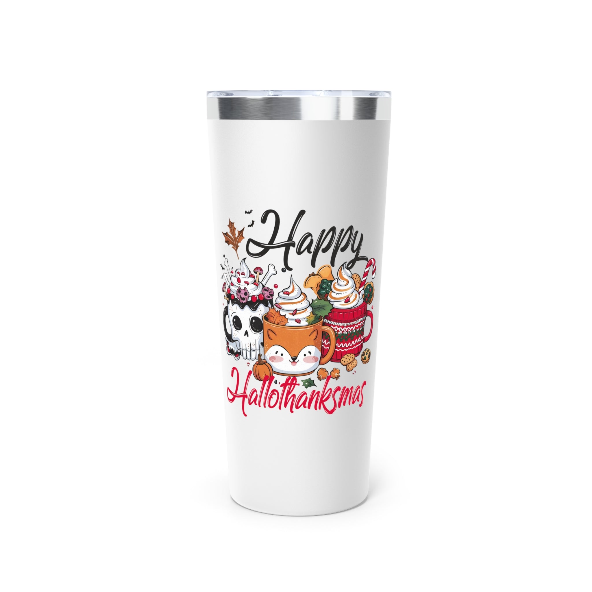 Happy Hallothanksmas Copper Tumbler, Insulated Coffee Mug, Fall Beverage Cup, Halloween and Thanksgiving Drinkware, Unique Holiday Gift