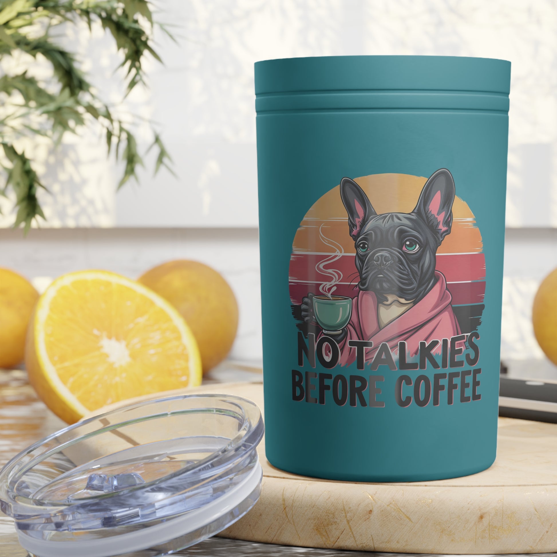 French Bulldog Coffee Tumbler 11oz, No Talkies Before Coffee Mug, Gift for Dog Lovers, Cute Insulated Travel Cup