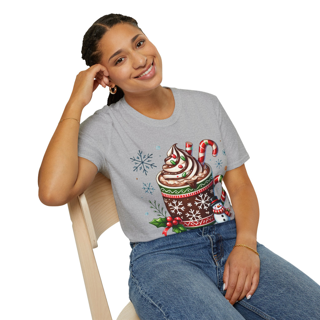 Cozy Holiday T-Shirt with Hot Cocoa Design, Christmas Gift, Winter Apparel, Unisex Softstyle Tee, Festive Outfit
