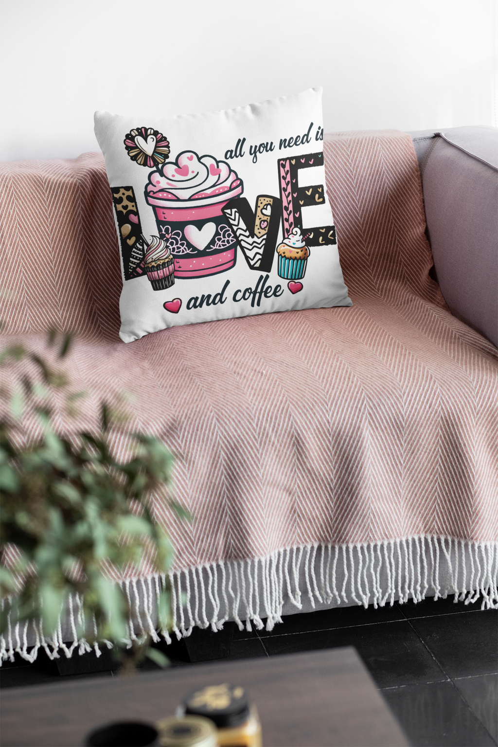 All you need is Love and Coffee Spun Polyester Square Pillow, Coffee Lovers Pillow