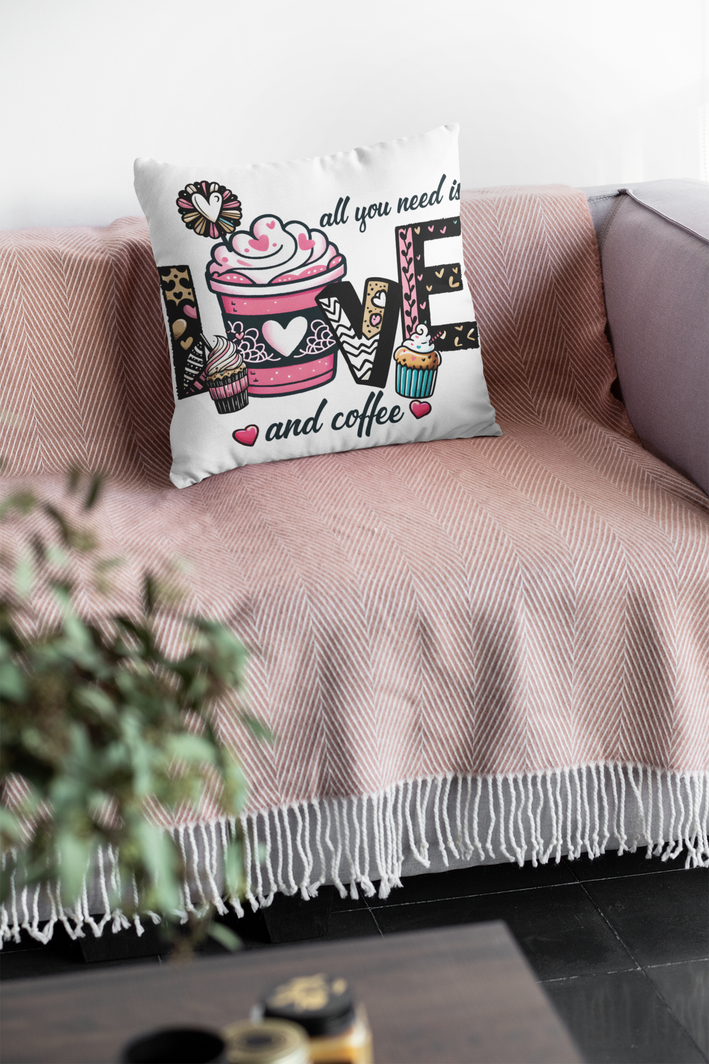 All you need is Love and Coffee Spun Polyester Square Pillow, Coffee Lovers Pillow
