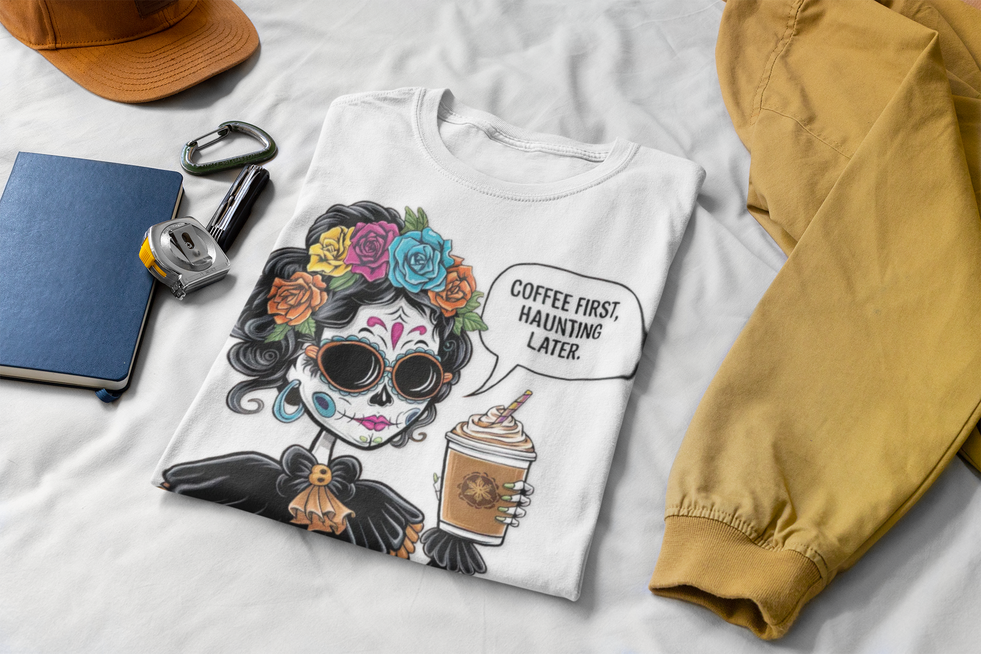 Coffee First, Haunting Later Halloween T-Shirt, Cute Halloween Apparel, Coffee Lover Gift