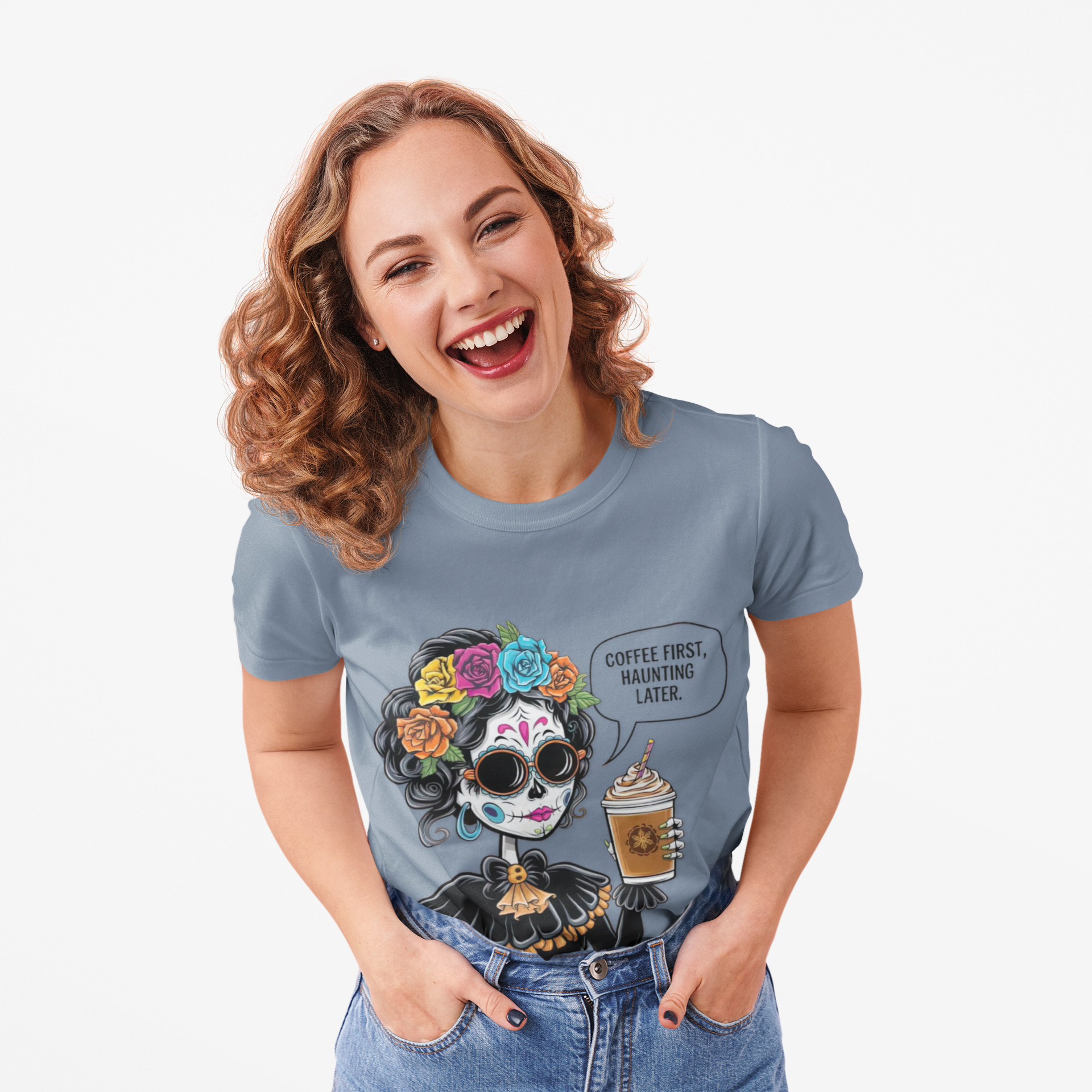 Coffee First, Haunting Later Halloween T-Shirt, Cute Halloween Apparel, Coffee Lover Gift