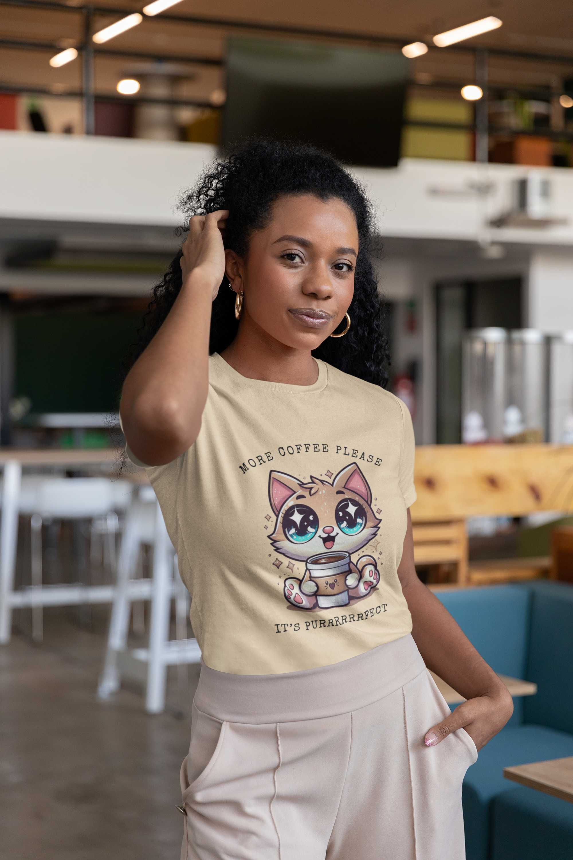 Cute Coffee Cat T-Shirt, Perfect for Cat Lovers, More coffee please .... It's purrrrfuct, Unisex Softstyle Tee