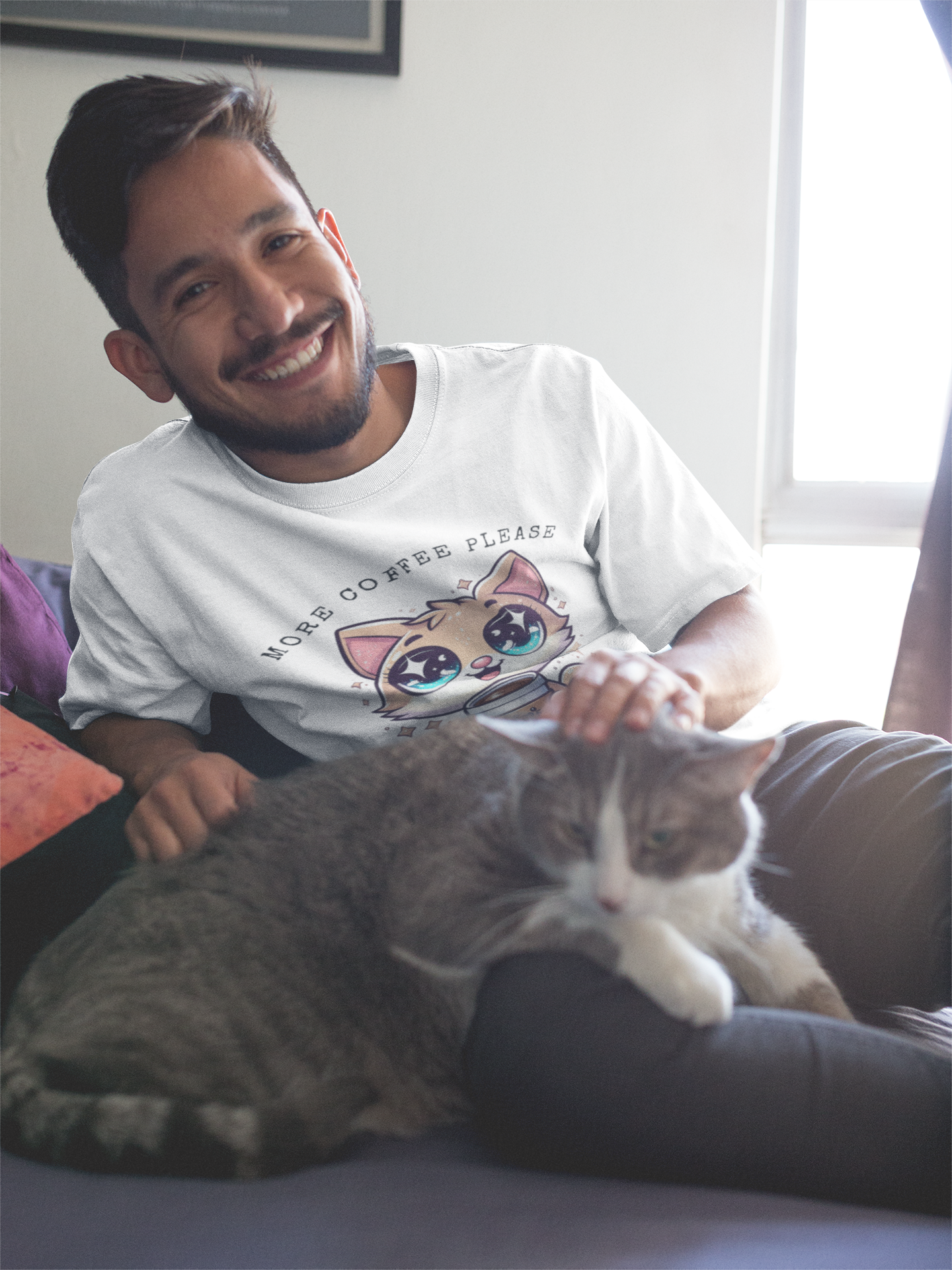 Cute Coffee Cat T-Shirt, Perfect for Cat Lovers, More coffee please .... It's purrrrfuct, Unisex Softstyle Tee