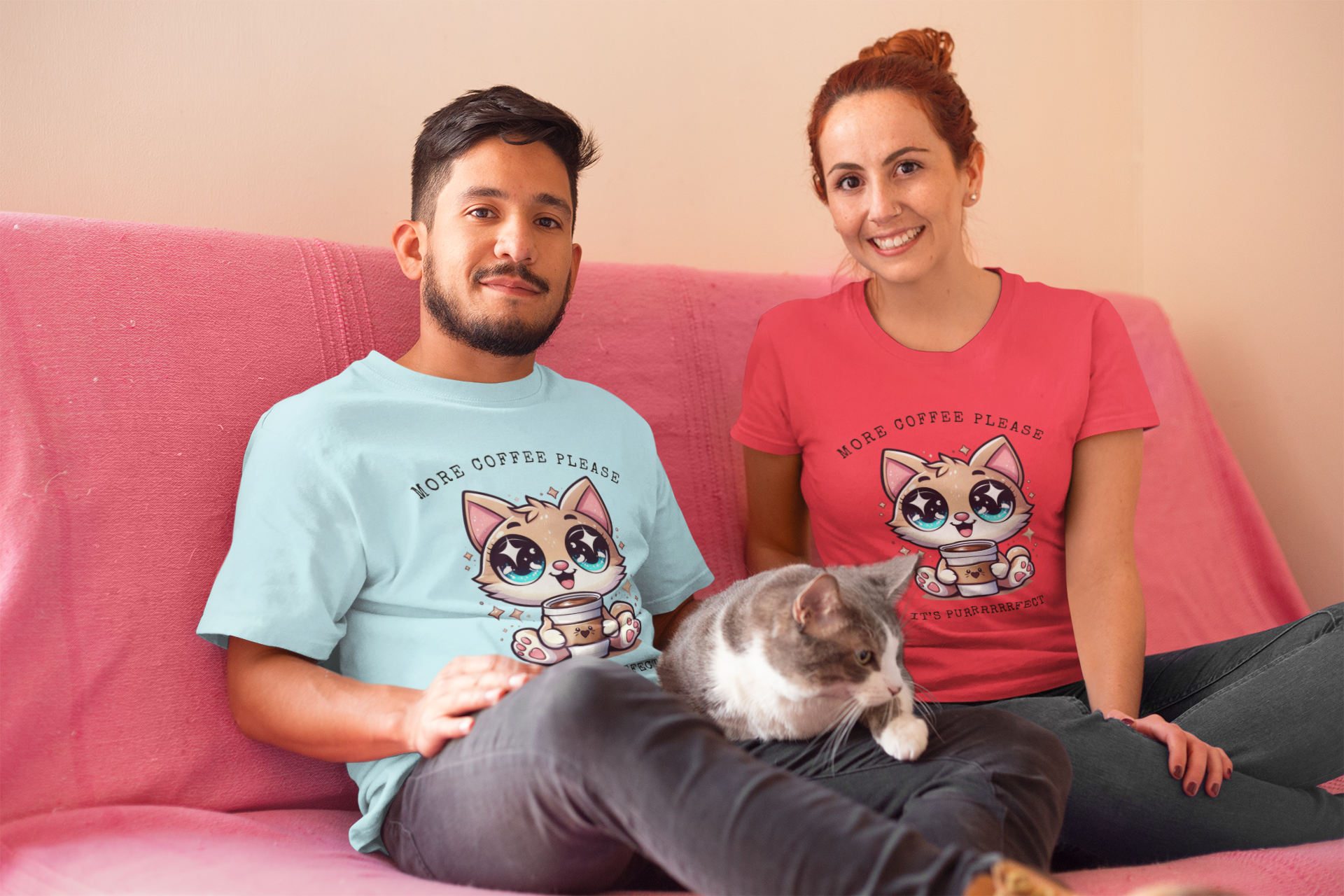 Cute Coffee Cat T-Shirt, Perfect for Cat Lovers, More coffee please .... It's purrrrfuct, Unisex Softstyle Tee