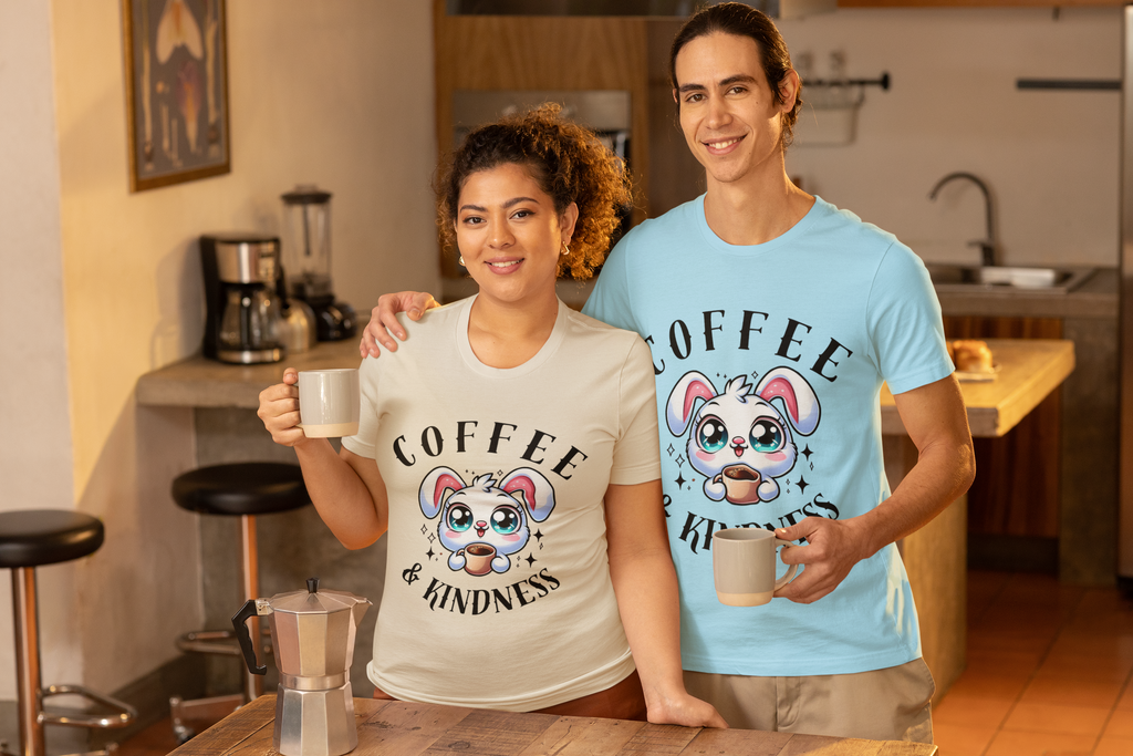 Coffee & Kindness Graphic T-Shirt, Cute Bunny Tee, Gift for Coffee Lovers, Animal Lover Shirt, Coffee Lovers T-Shirt