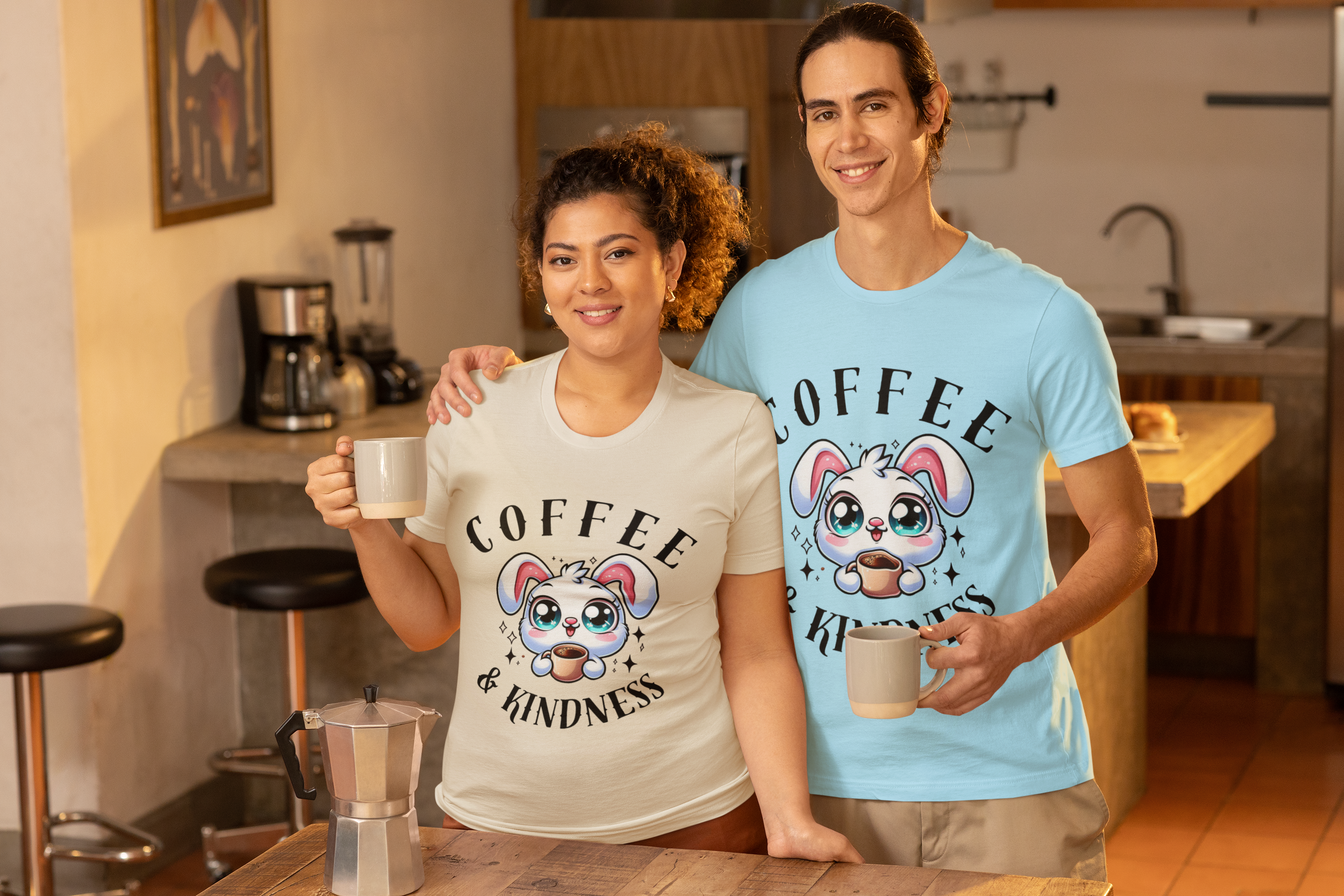 Coffee & Kindness Graphic T-Shirt, Cute Bunny Tee, Gift for Coffee Lovers, Animal Lover Shirt, Coffee Lovers T-Shirt