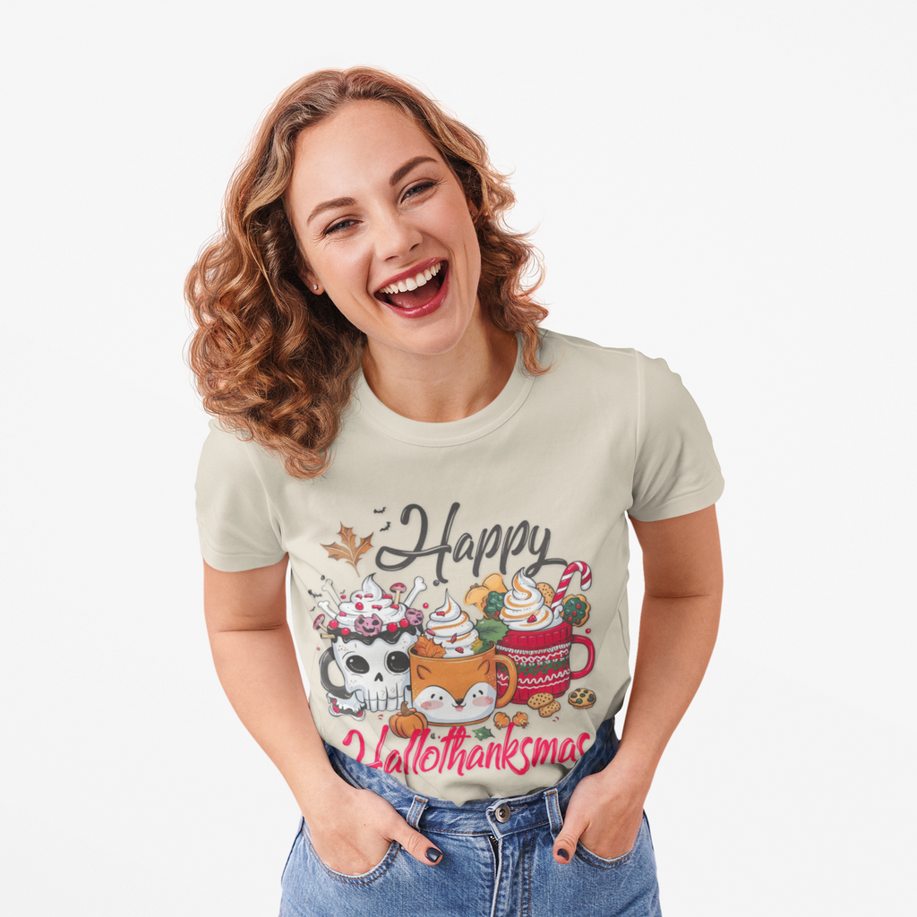 Happy Hallothanksmas Unisex Softstyle T-Shirt | Cute Holiday Tee, Fall Shirt, Halloween Christmas Shirt