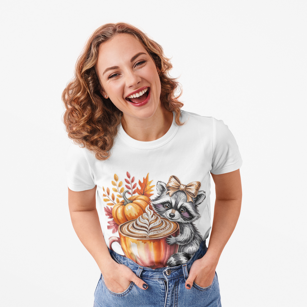 Cute Raccoon Fall T-Shirt, Autumn Tee, Cozy Coffee Shirt, Gift for Animal Lovers, Halloween Apparel, Seasonal Fashion