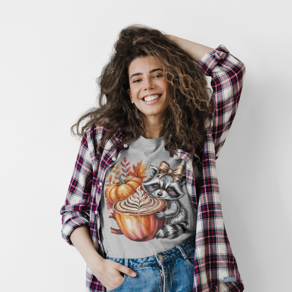 Cute Raccoon Fall T-Shirt, Autumn Tee, Cozy Coffee Shirt, Gift for Animal Lovers, Halloween Apparel, Seasonal Fashion