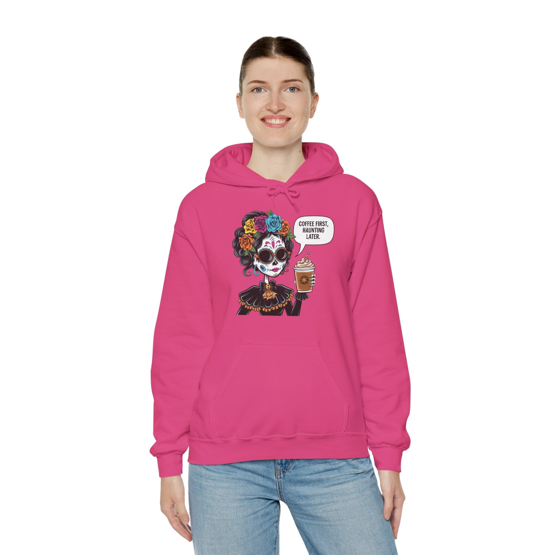 Coffee First Haunting later Hooded Sweatshirt for Coffee Lovers, Cozy Sweatshirt for Halloween