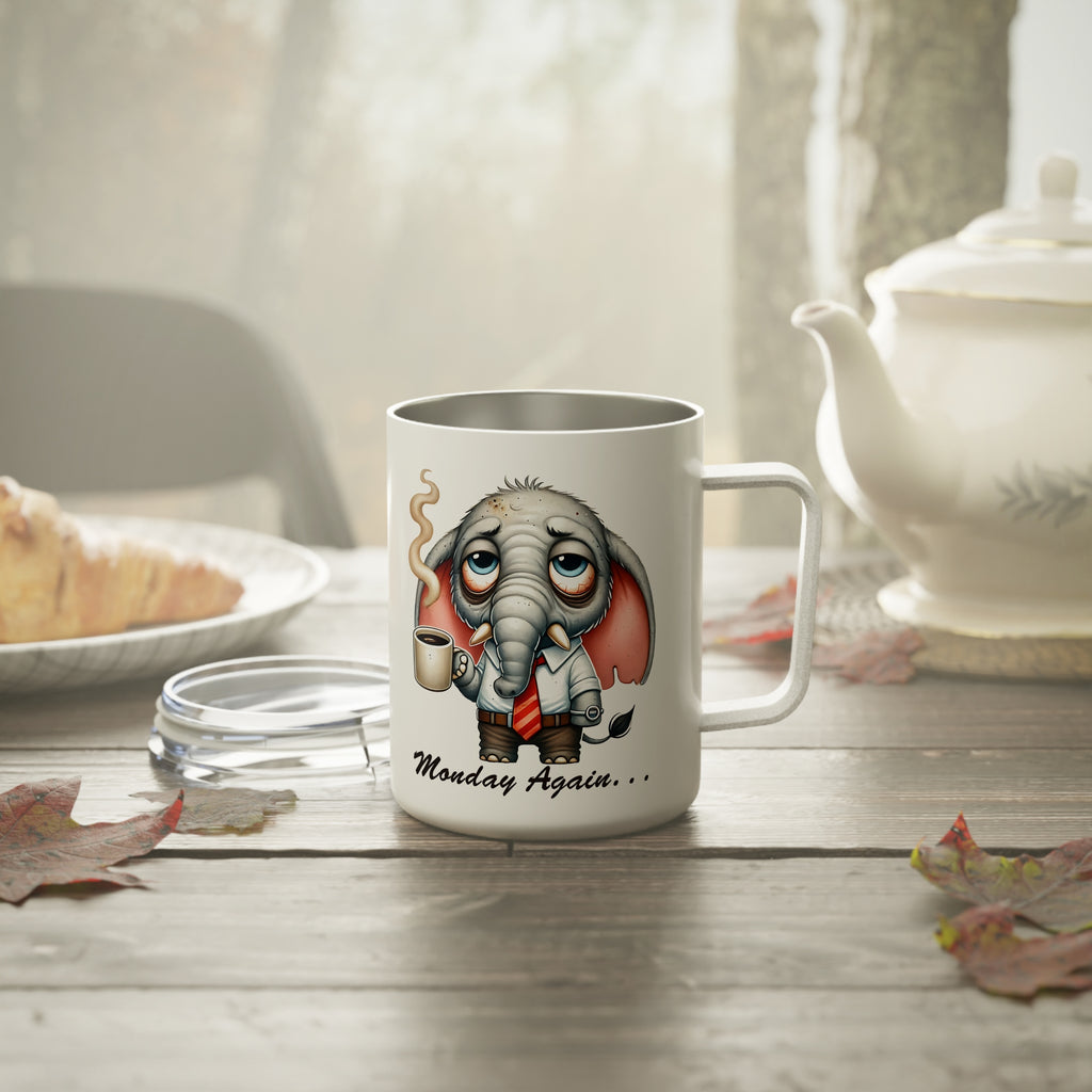 Sarcastic Insulated Travel Coffee Mug, Monday Again Travel Mug for Coffee Lovers, Elephant Quote Cup, Caffeine Lover Gift, Silly Coffee Cup