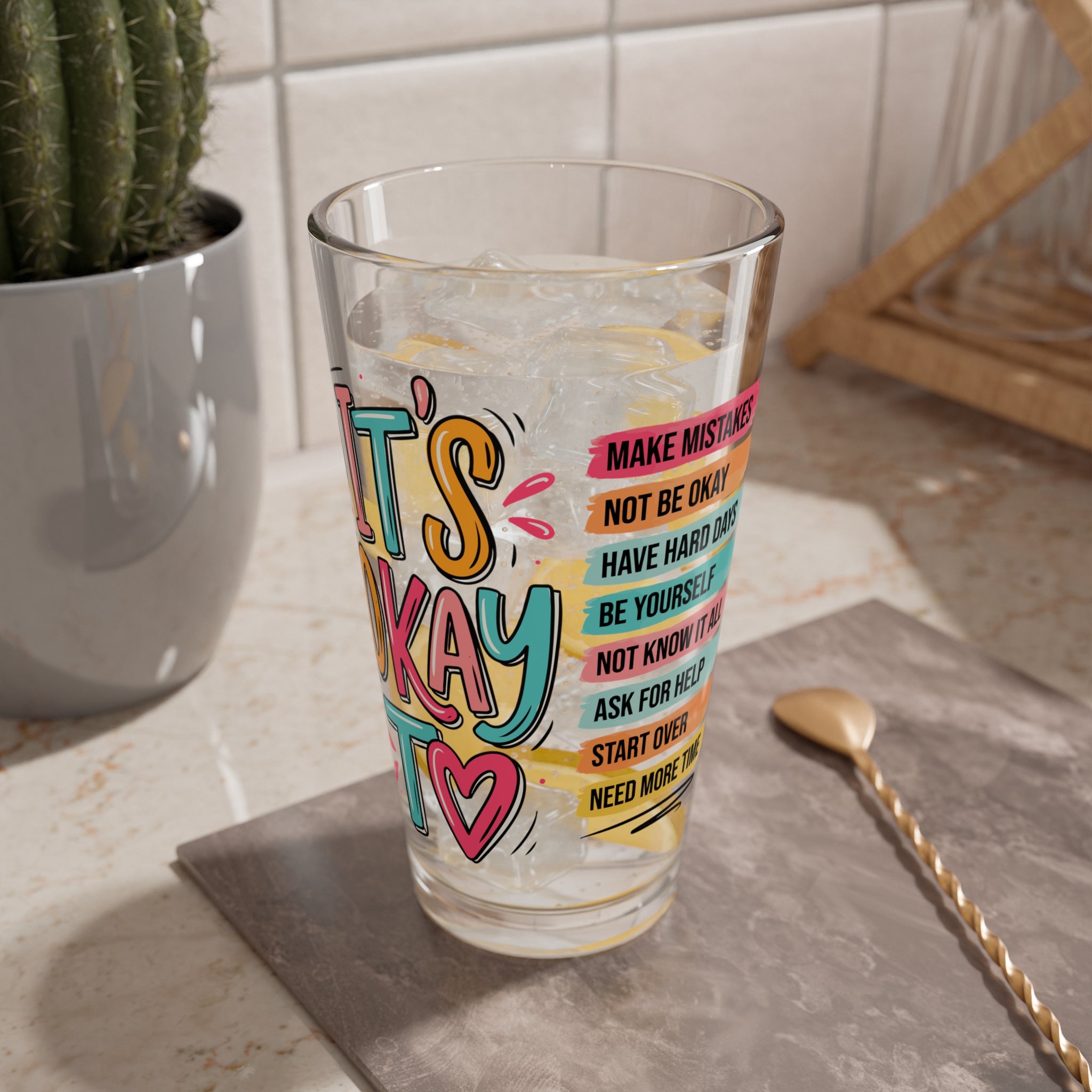 It's okay to make mistakes glass cup, Positive affirmation iced coffee glass, Mental health awareness gift