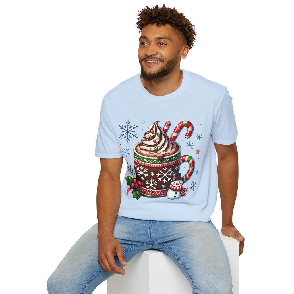 Cozy Holiday T-Shirt with Hot Cocoa Design, Christmas Gift, Winter Apparel, Unisex Softstyle Tee, Festive Outfit